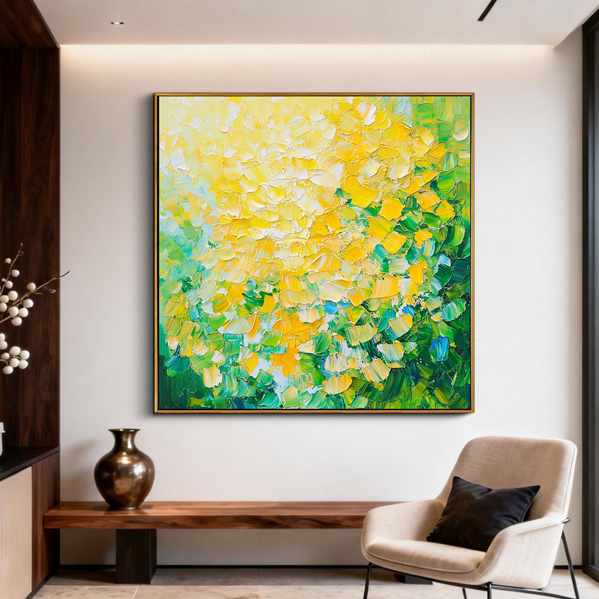 Mint Sunlight – Green & Yellow Palette Knife Relief Abstract Painting | Modern Abstract Living Room & Office Art