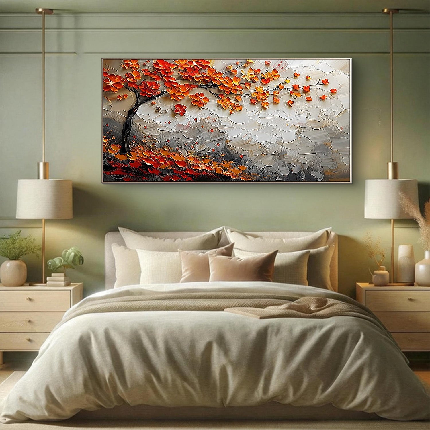 Autumn Anthem – Modern Orange and Crimson Blossom Tree Painting | Luxury Textured  Living Room Art