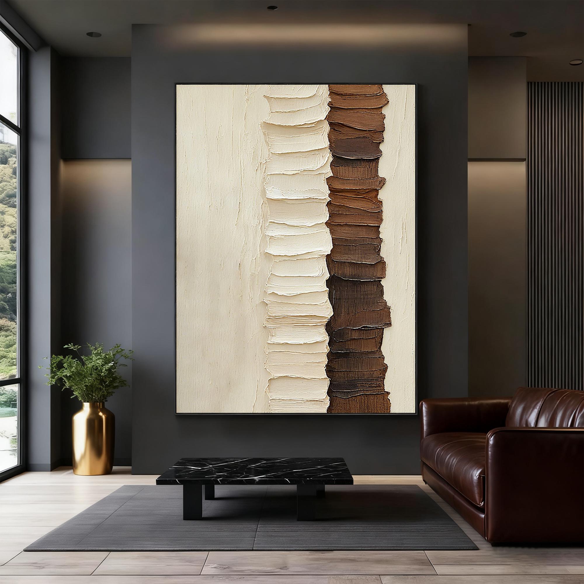 Vertical Ridge – Cream & Chocolate Palette Knife Relief Abstract Painting | Modern Abstract Living Room & Office Art