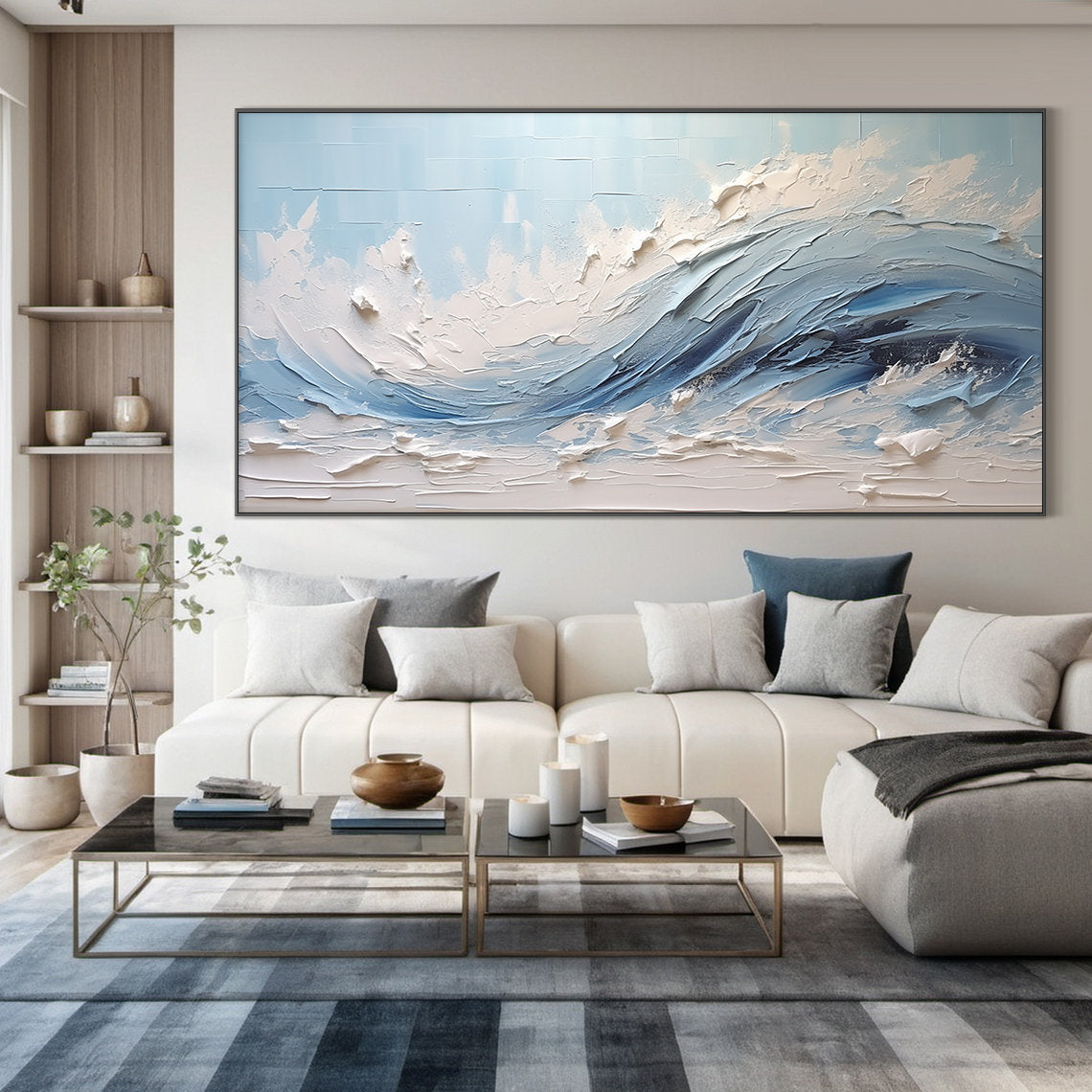 Sky Tide – Hand-Painted Sky Blue Ocean Wave Plaster Relief Seascape Painting | Coastal Modern Living Room & Bedroom Art