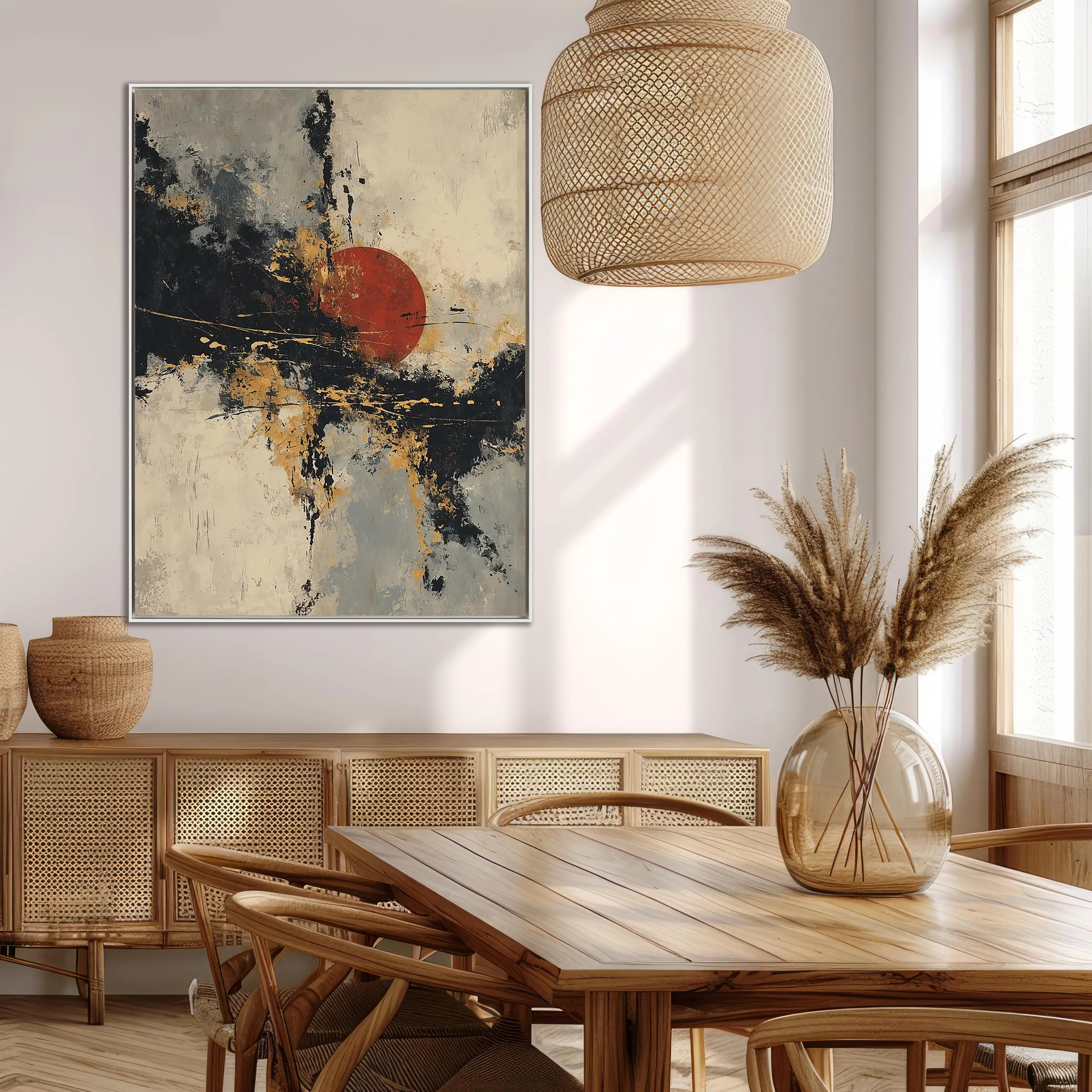 Zen Rising – Red Sun & Golden Texture Oil Abstract Painting | Modern Abstract Living Room & Office Art