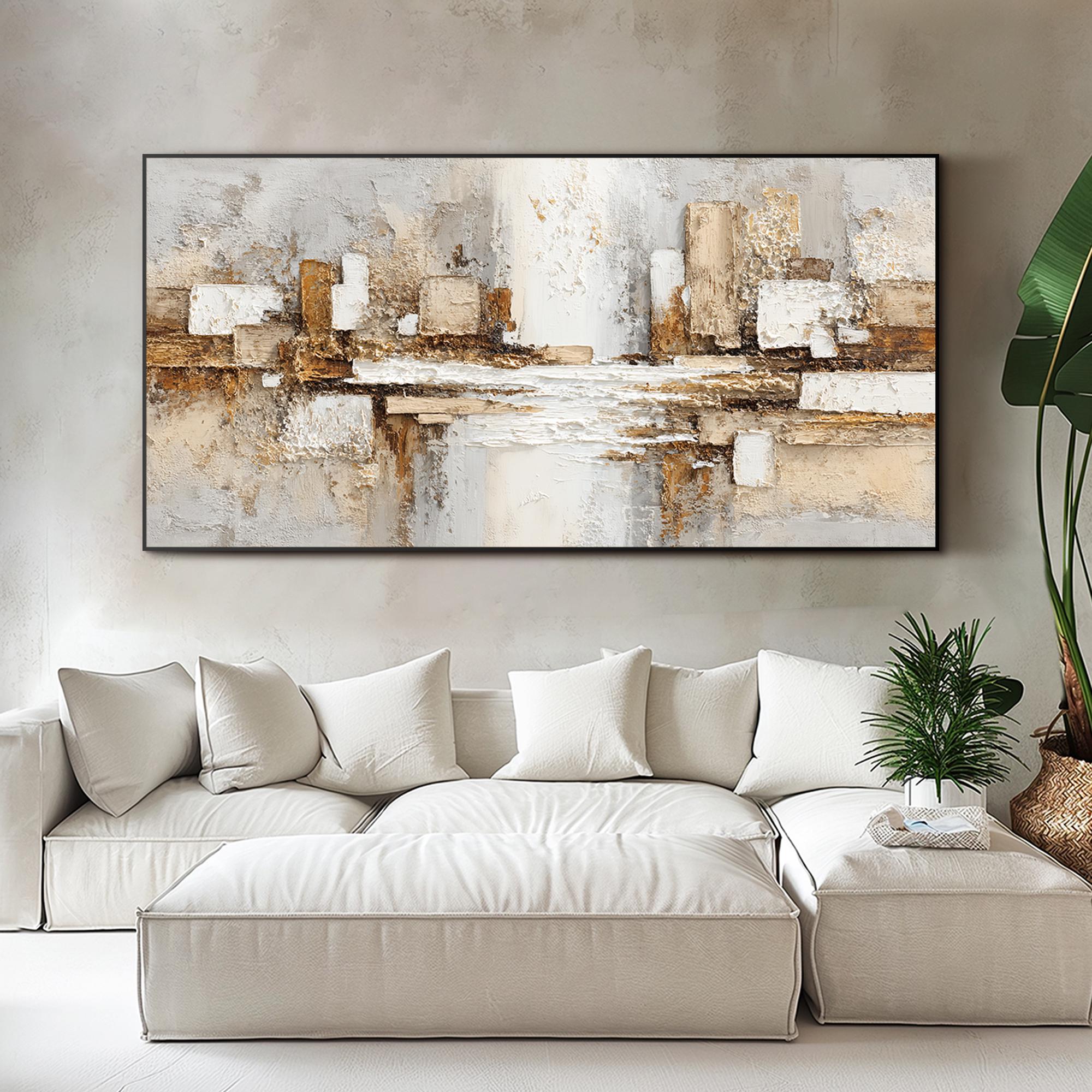 URBAN GLIMPSE: Panoramic 3D Heavy Texture Abstract Wall Art, Modern Gold & Neutral Relief