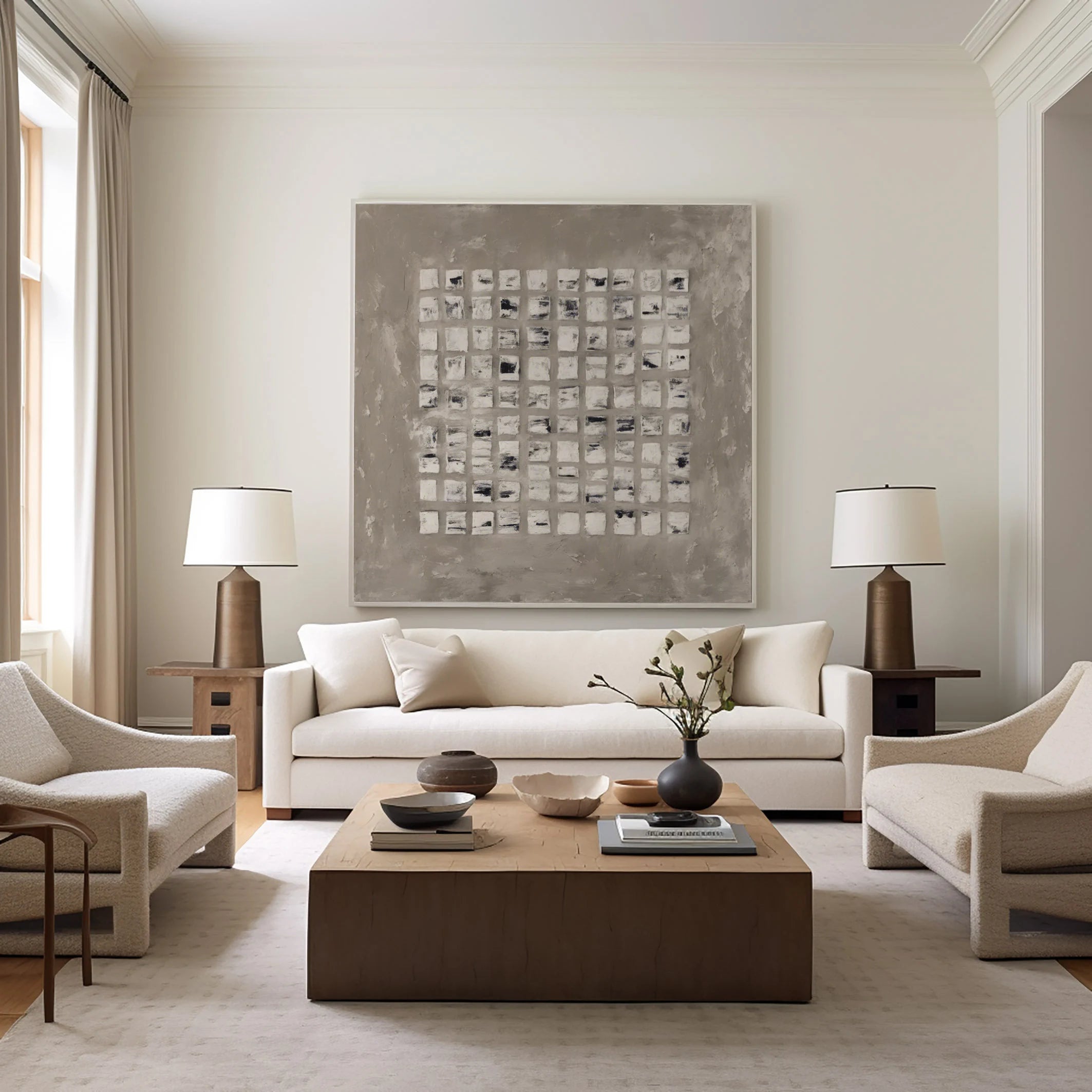 Square Sequence – Hand-Painted Neutral Grey Matrix Plaster Relief Wabi-Sabi Painting | Japandi Organic Wabi-Sabi Living Room & Hallway Art