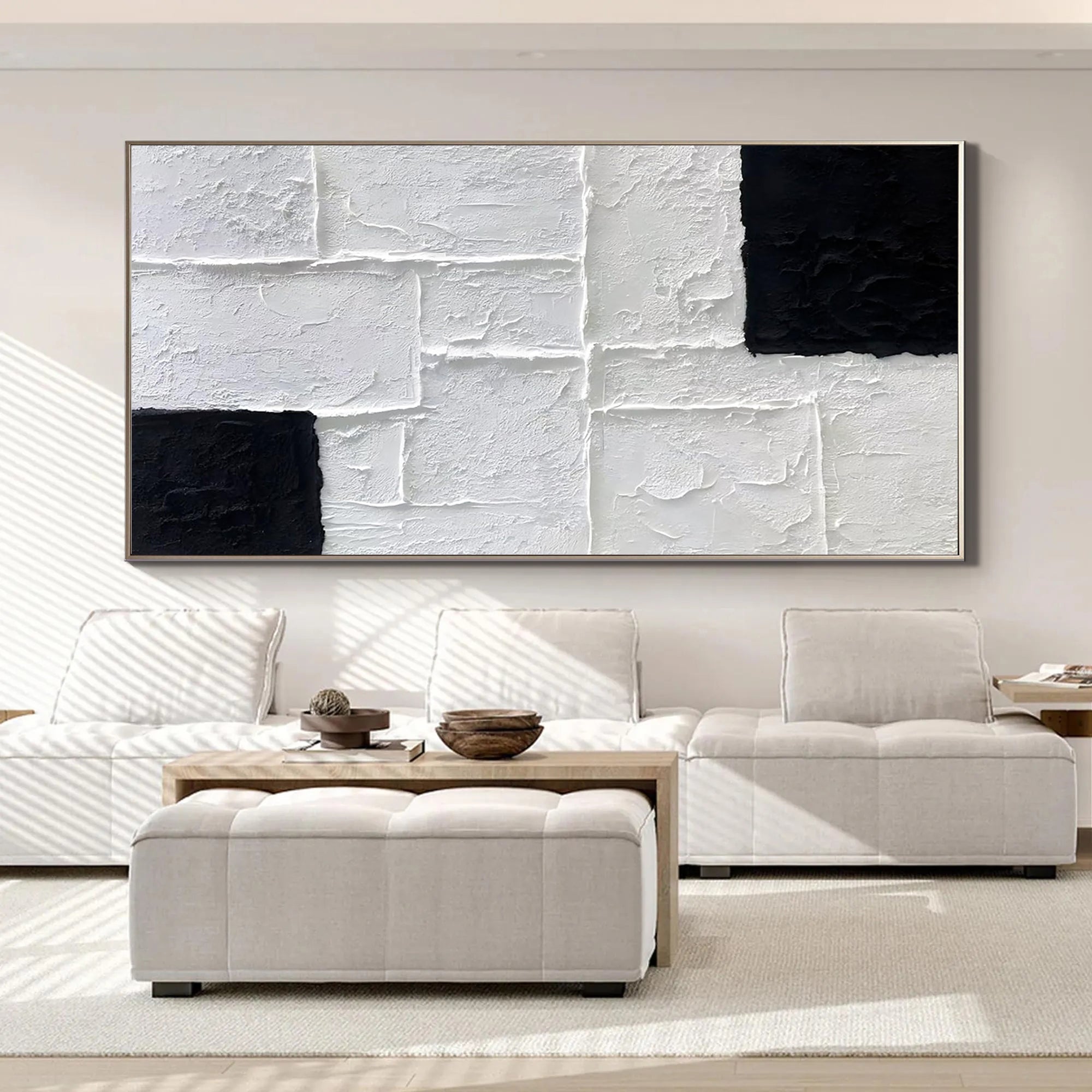 Mono Block – Black and White Geometric Relief Texture Painting | Industrial Abstract Home Office & Living Room Art