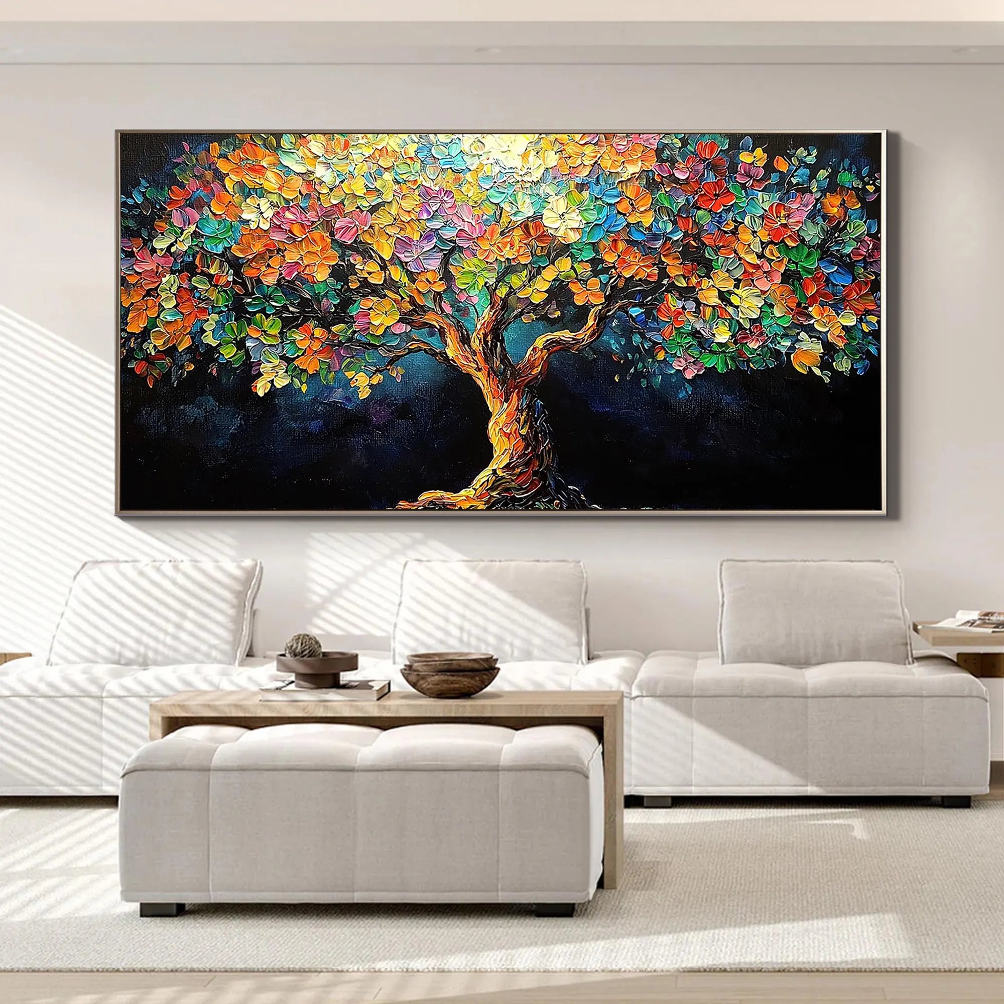 PRISMATIC LIFE: Flower-Tree Art, Hand-Painted Horizontal Vibrant Multicolored 3D Impasto Palette Knife Heavy Texture Studio Art