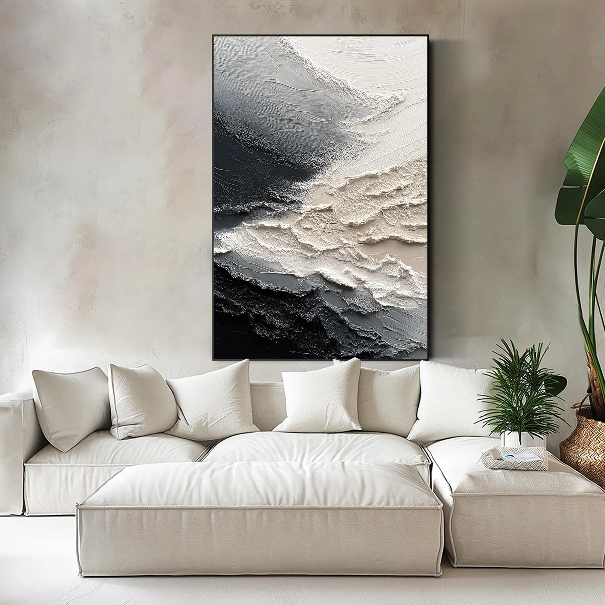 Arctic Fissure – Hand-Painted Black and White Plaster Effect Relief Texture Painting | Bold Minimalist Bedroom & Home Office Art