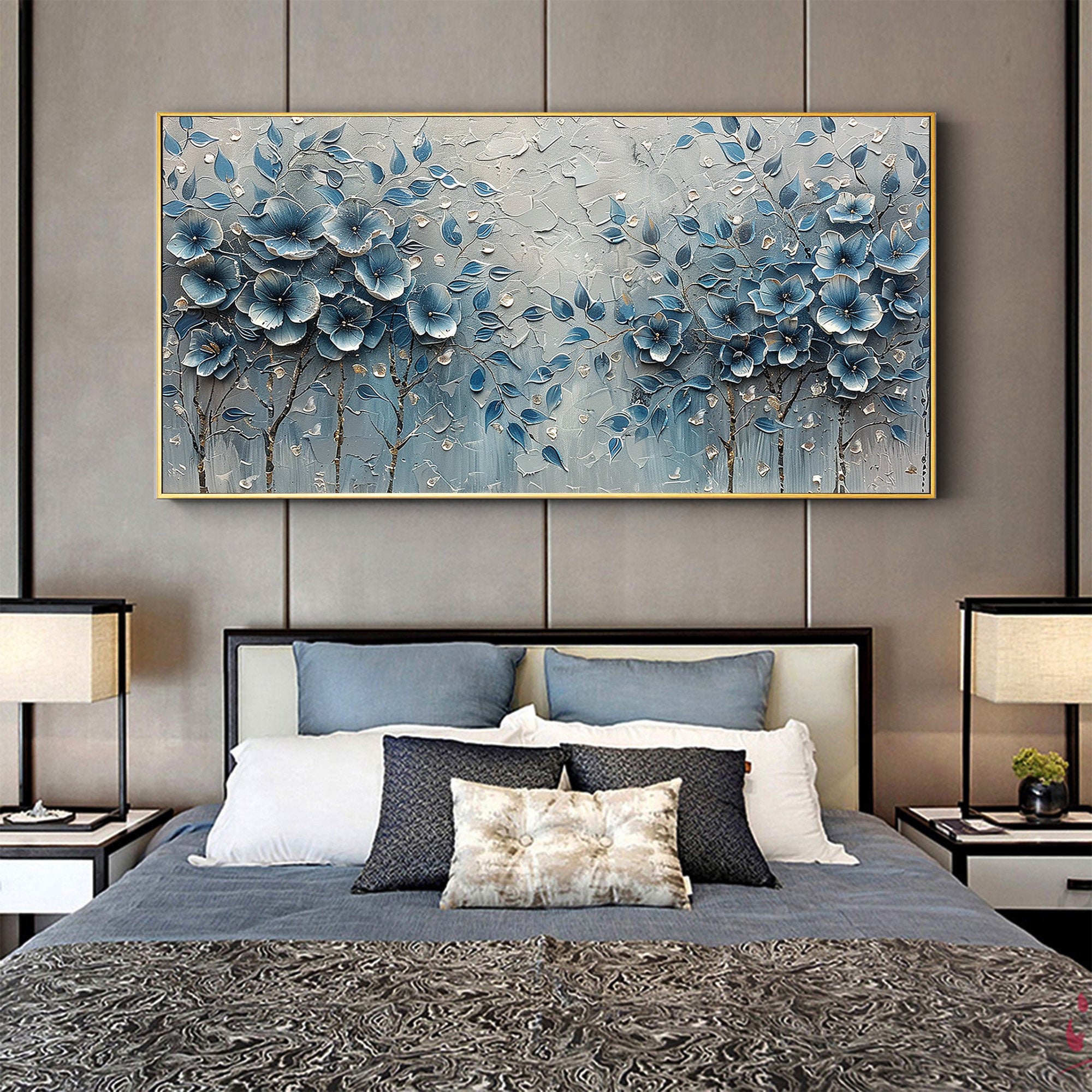 MIDNIGHT NAVY: Panoramic Heavy Texture Floral Oil Painting, 3D Blue Flower Wall Art