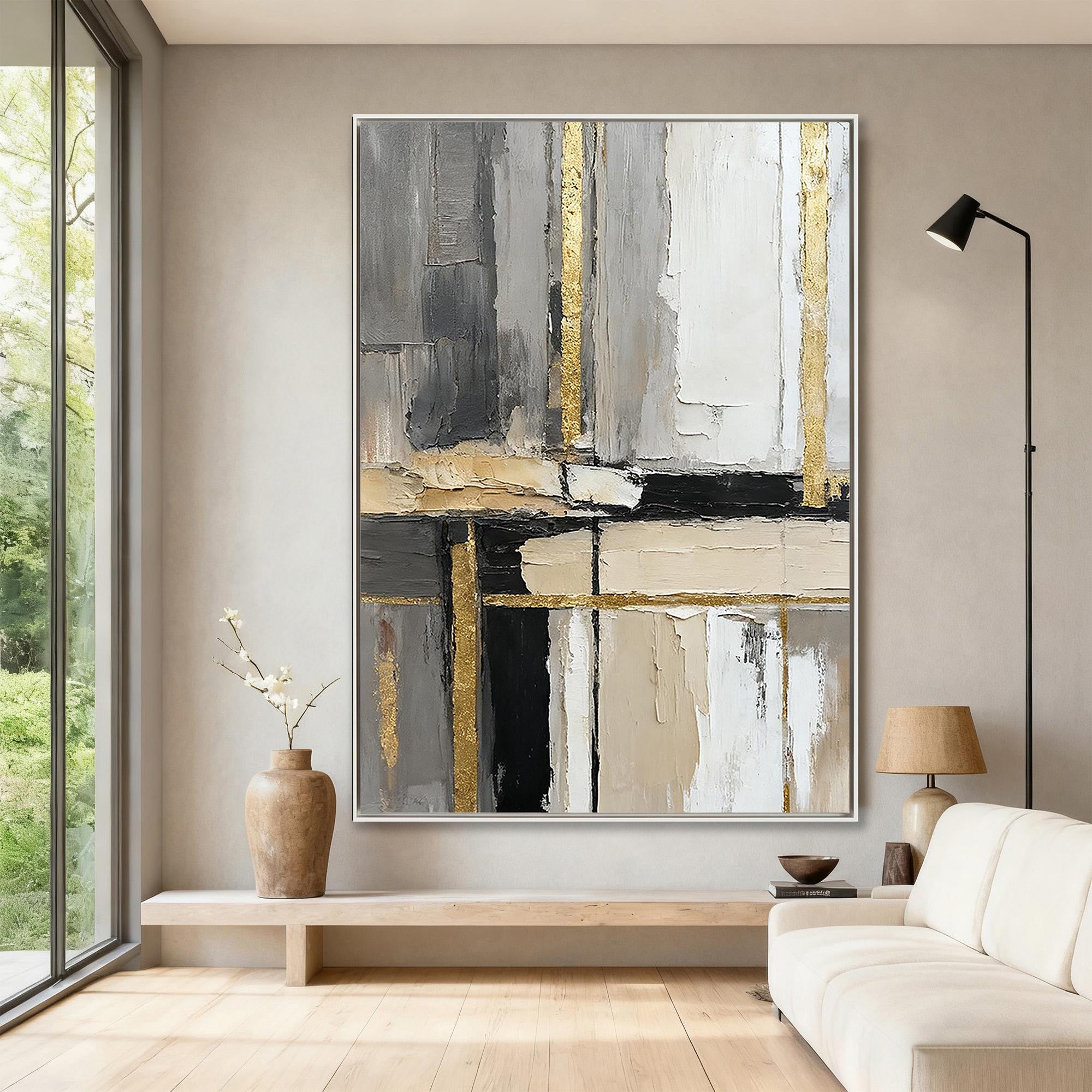 GOLDEN URBAN: Abstract Wall Art, Hand-Painted Minimalist Grey and Gold Foil Vertical Line 3D Textured Canvas Art