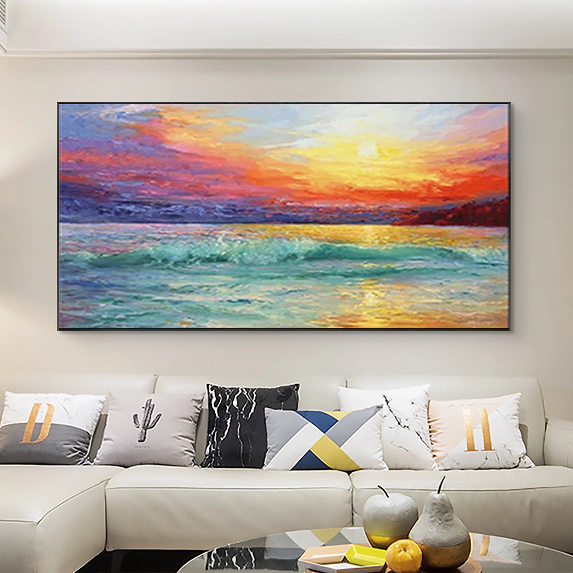 Pacific Glow – Hand-Painted Sunset Ocean Wave 3D Landscape Painting | Coastal Modern Living Room & Bedroom Art