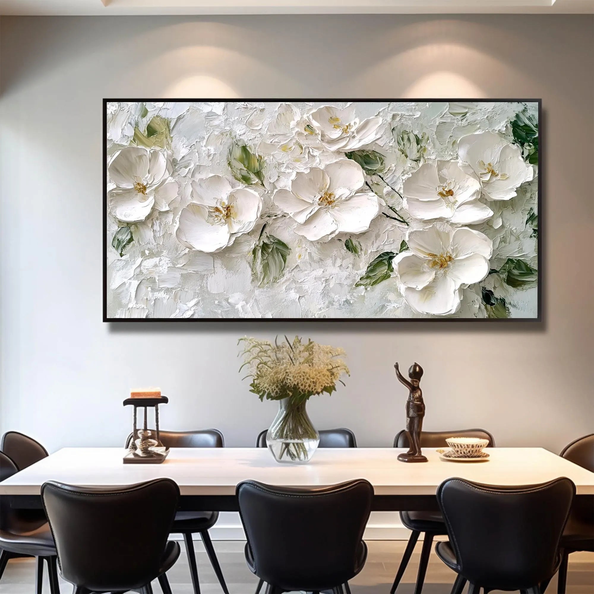 Silver Bloom – Hand-Painted Grey and White 3D Relief Plaster Effect Floral Painting | Contemporary Botanical Bedroom & Living Room Art