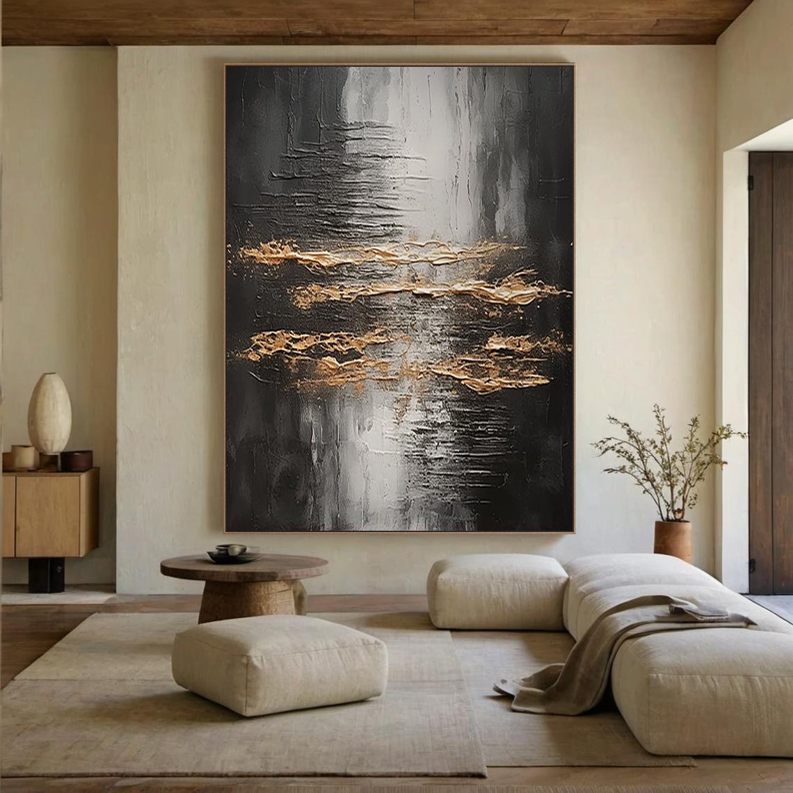 Onyx Rhythm – Black & Gold Plaster Relief Abstract Texture Painting | Modern Abstract Living Room & Office Art