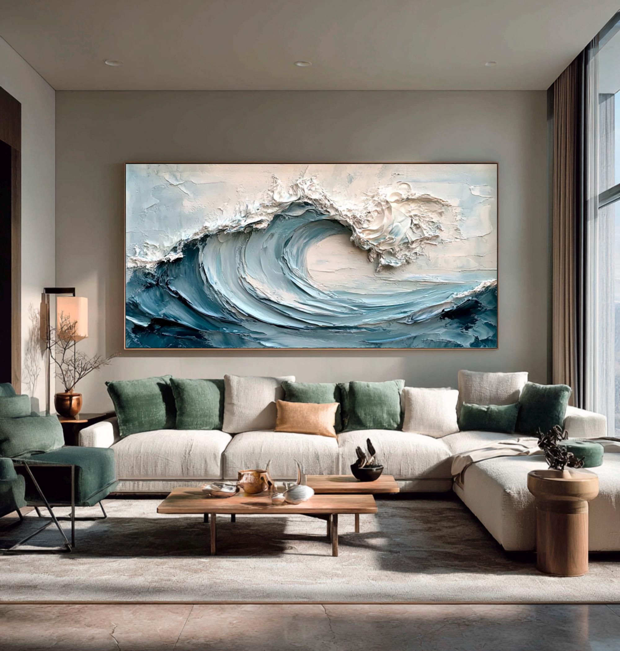 Pacific Surge – Modern Blue Ocean Relief Texture Painting | Coastal Modern Living Room & Bedroom Art