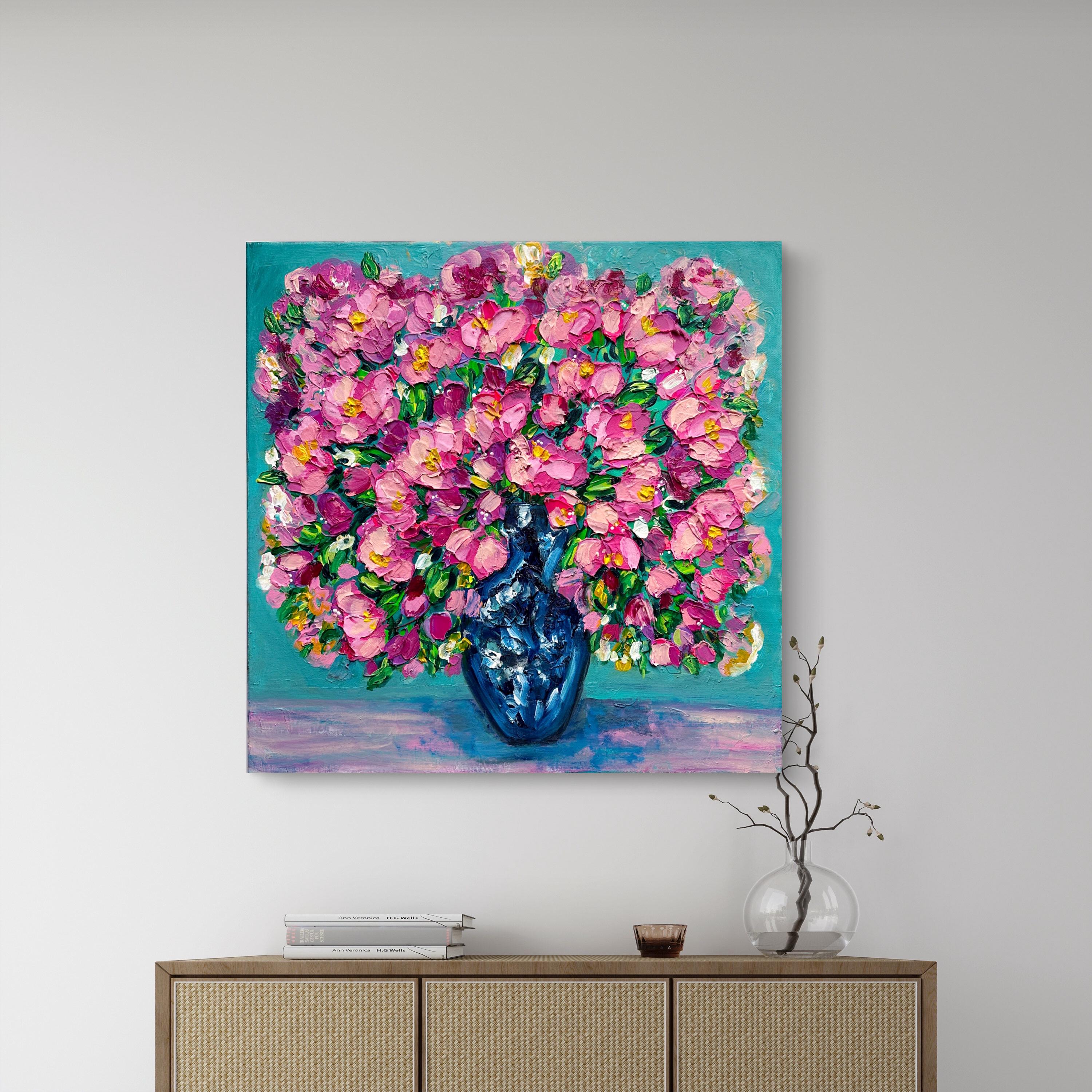 ROYAL BOUQUET: Square 3D Heavy Texture Floral Wall Art, Pink Peony Relief in Teal Vase