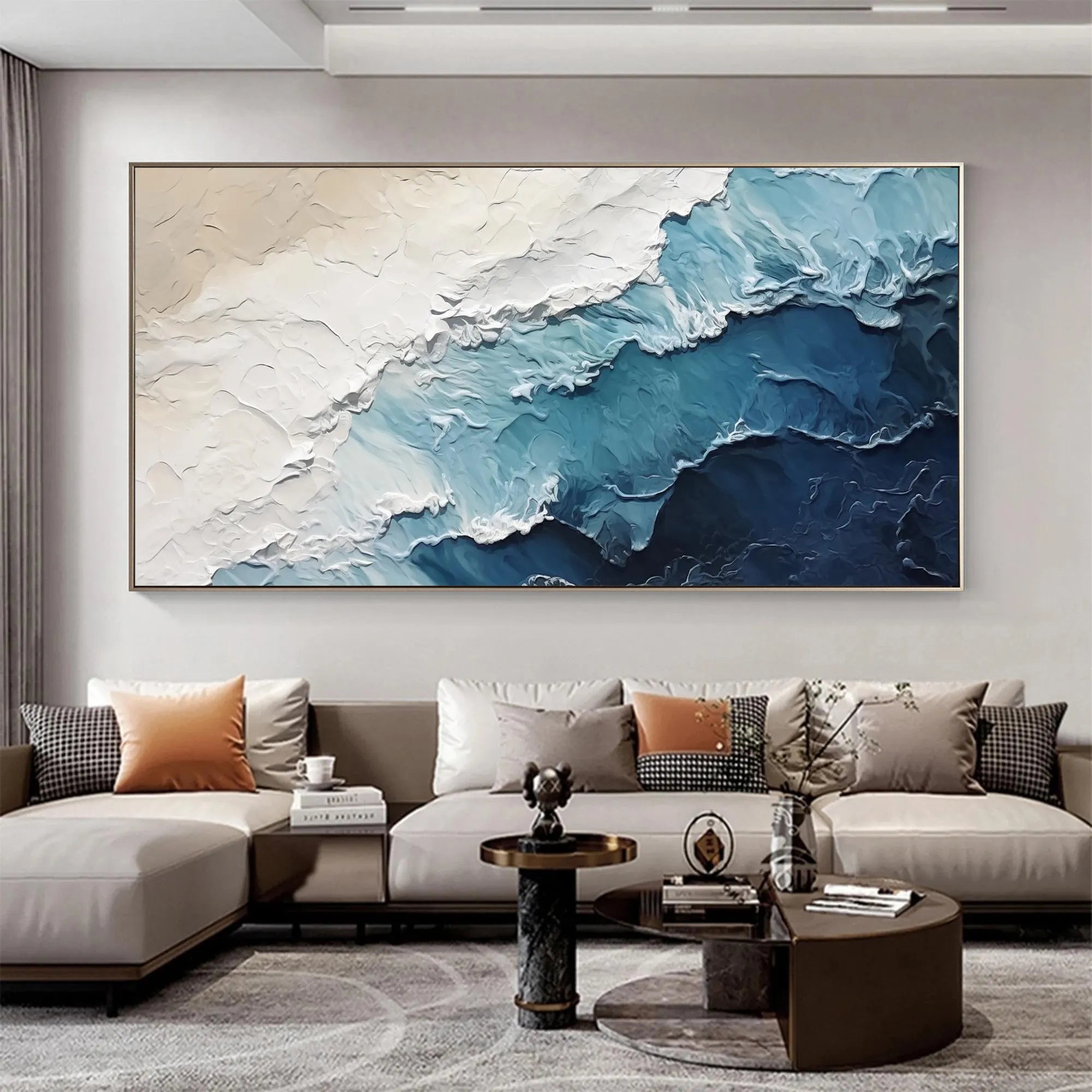 Ocean Strata – Hand-Painted Deep Blue and Cream 3D Impasto Palette Knife Texture Painting | Modern Abstract Living Room & Office Art