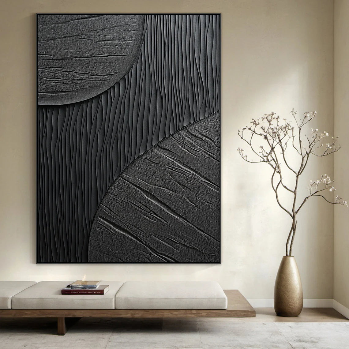 Shadow Texture – Hand-Painted All-Black Minimalist Mixed Plaster Relief Texture Painting | Bold Minimalist Bedroom & Home Office Art