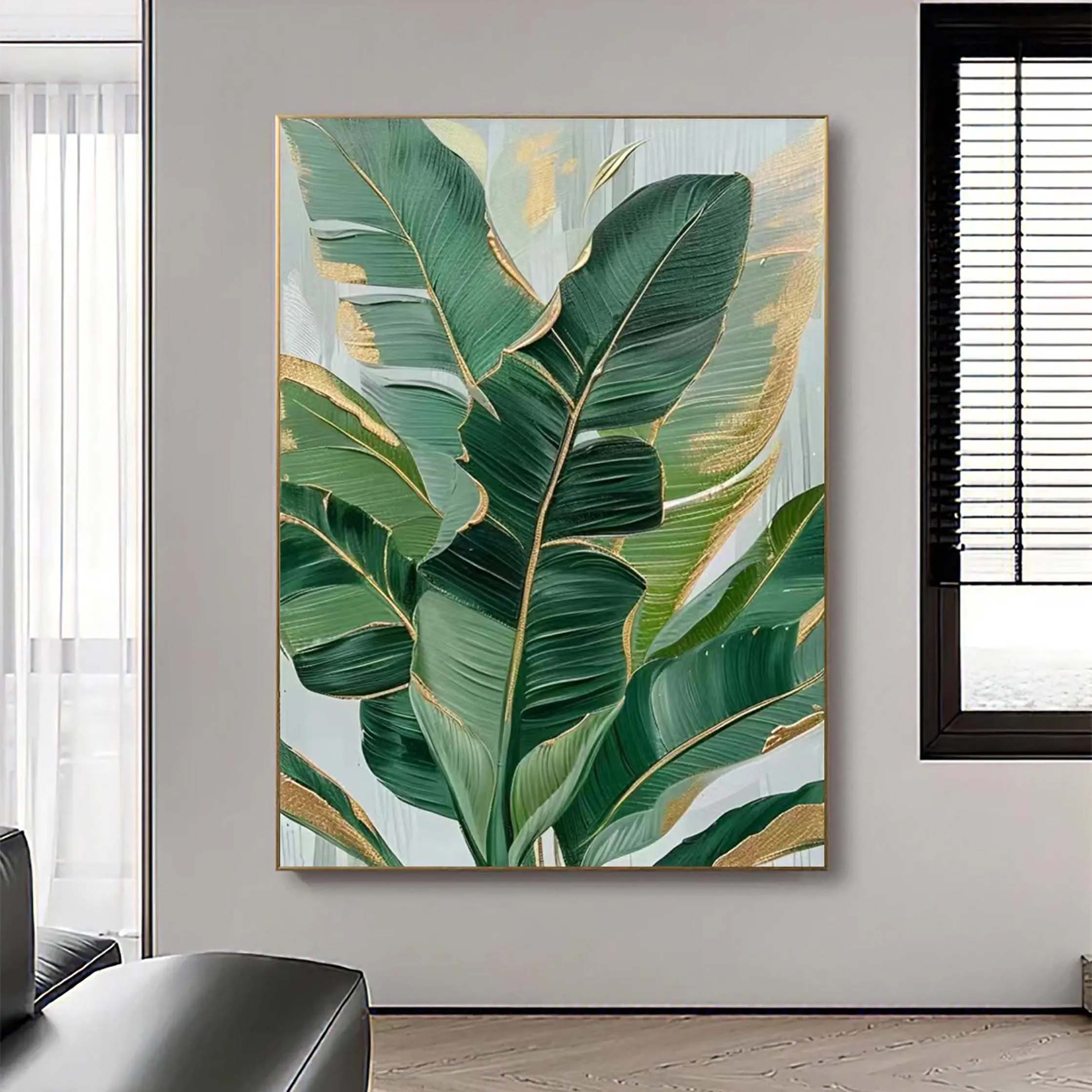 Emerald Whispers – Center Focus Botanical Relief with Gold Edges Texture Painting | Modern Luxury Botanical Living Room Wall Decor