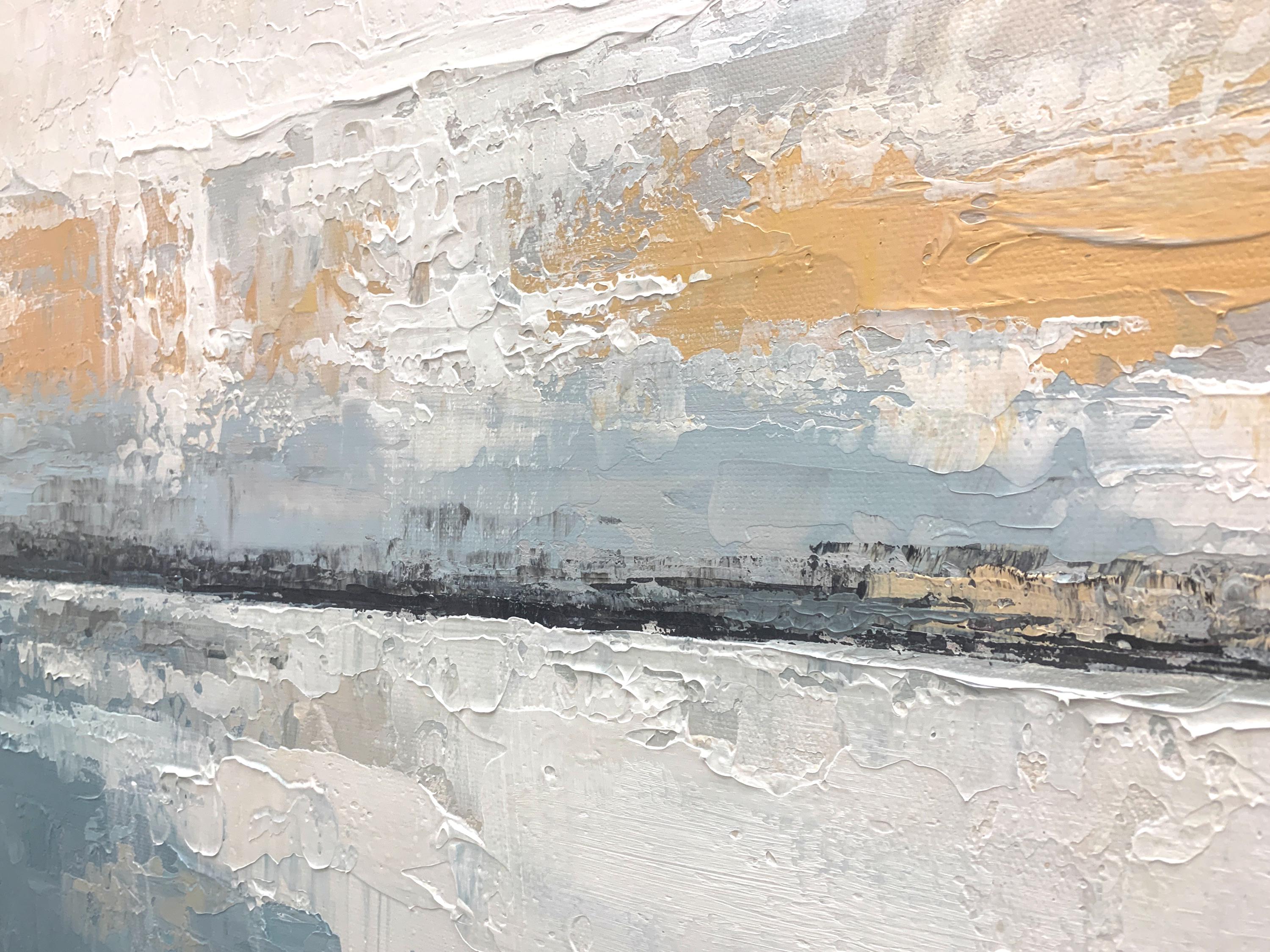 Ethereal Horizon – Modern Blue & Gold Palette Knife Relief Abstract Painting | Modern Abstract Living Room & Office Art