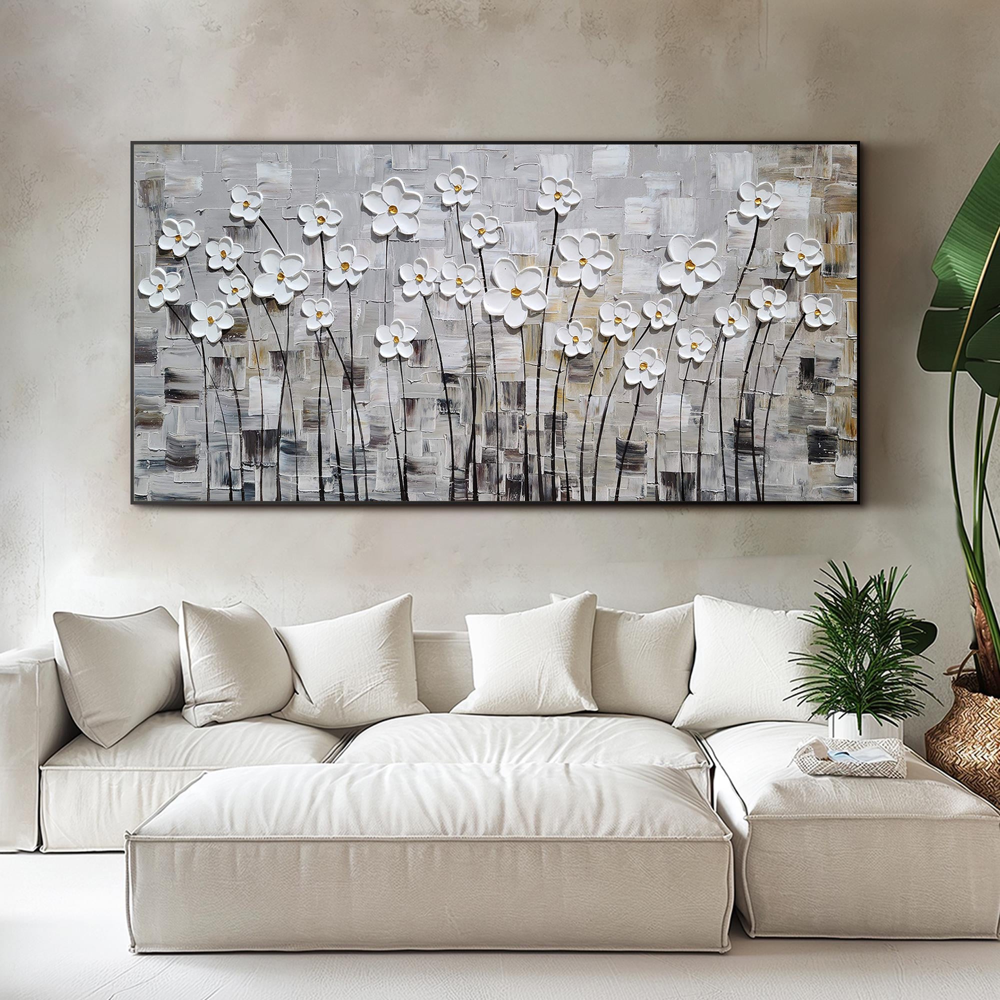 Modern Meadow – White Daisy Grid Relief Impasto Floral Painting | Contemporary Botanical Bedroom & Living Room Art