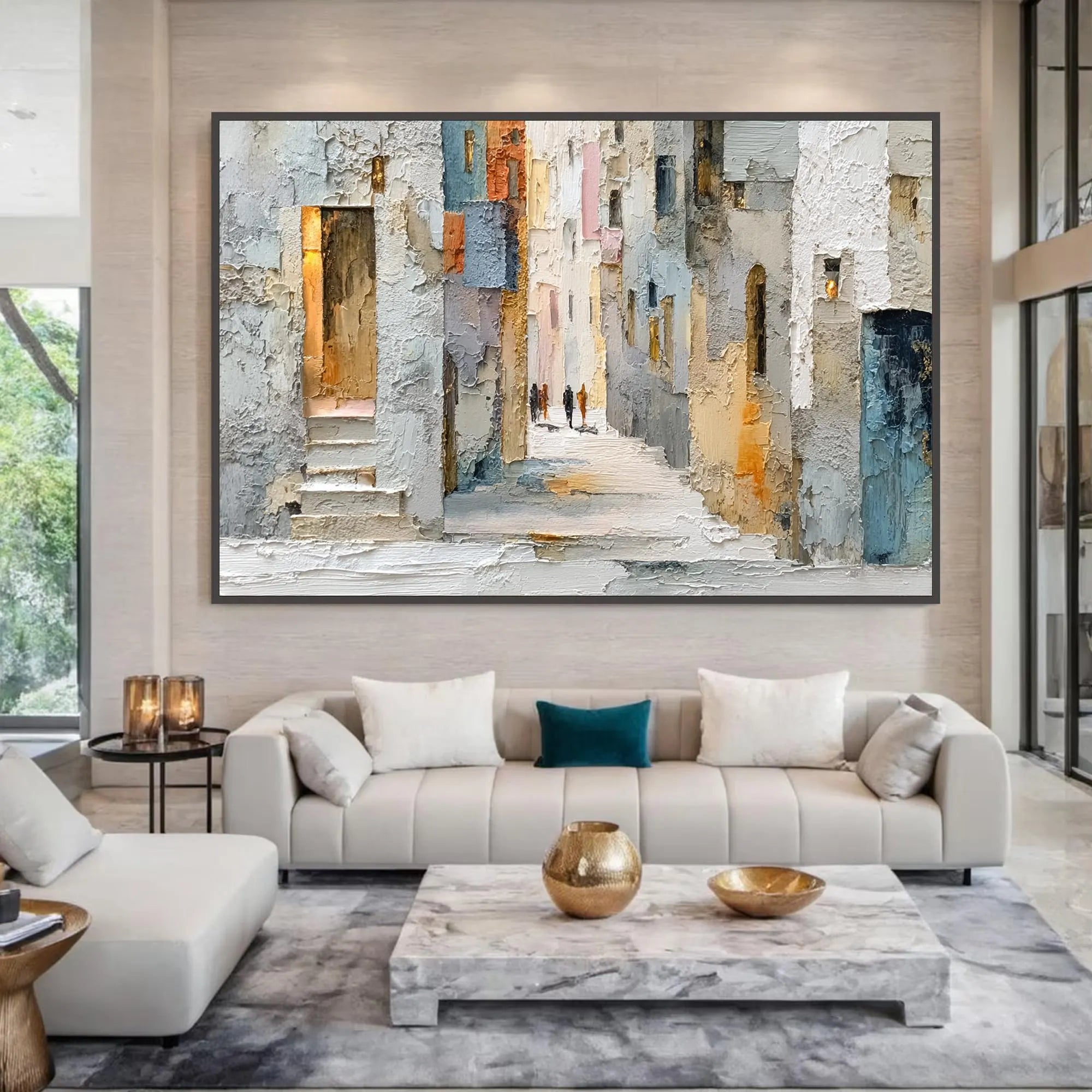 COBBLESTONE PATH: Cityscape Wall Art, Hand-Painted European Village Street Plaster Effect Palette Knife Textured Canvas Painting