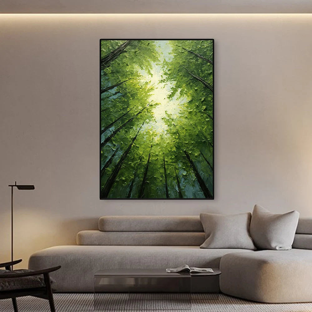 Emerald Canopy – Hand-Painted Worm's-Eye View Green Tree Sunlight Palette Knife Forest Painting | Contemporary Landscape Living Room & Dining Room Art