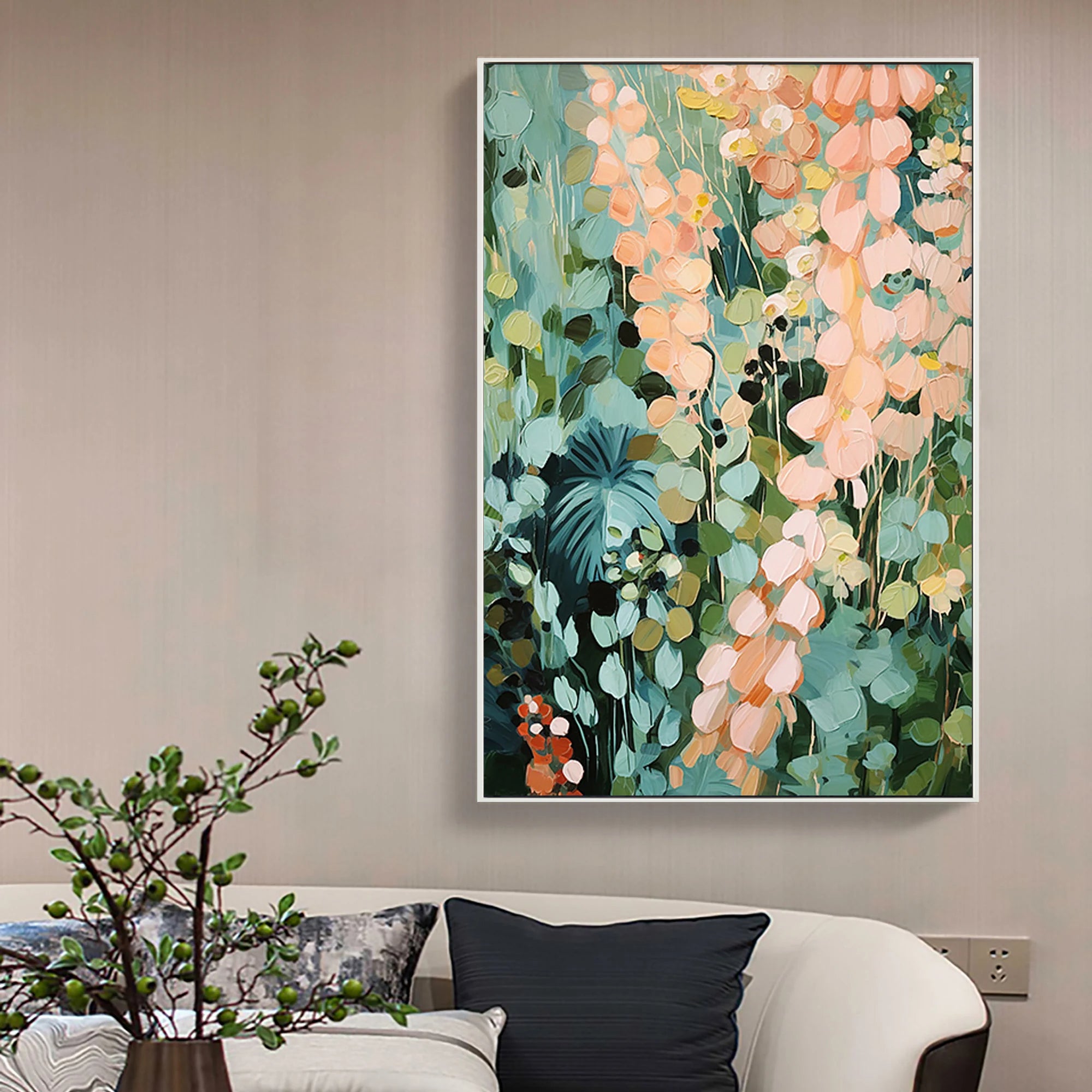 Jungle Bloom – Hand-Painted Deep Green and Apricot Flower Palette Knife Floral Painting | Tropical Botanical Bedroom & Dining Room Art