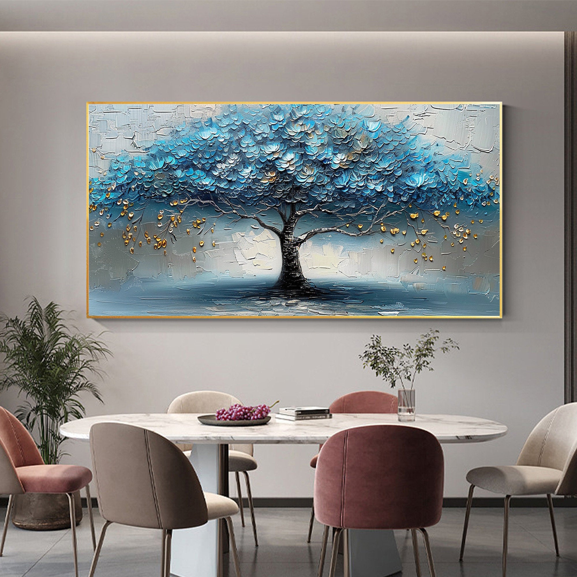 AZURE CANOPY: Tree Wall Art, Hand-Painted Blue and Grey Palette Knife Heavy Texture Canvas Oil Painting