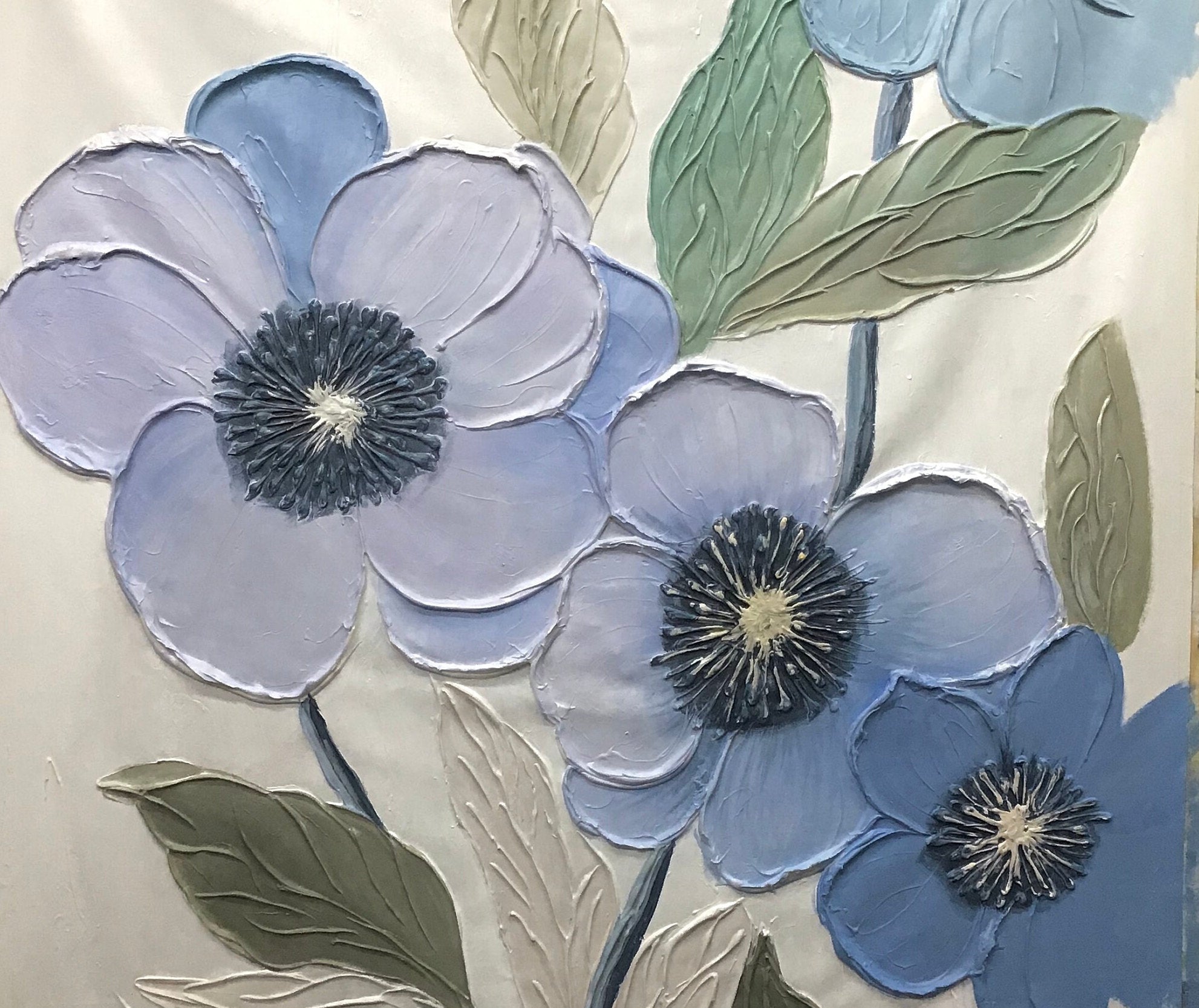 Dusty Blue – Hand-Painted Grey Blue and Slate 3D Relief Plaster Effect Floral Painting | Contemporary Botanical Bedroom & Living Room Art