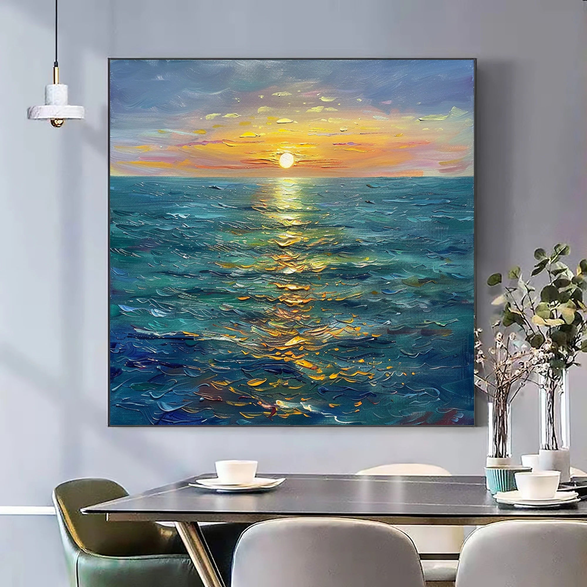 GOLDEN TIDE: Landscape Art, Hand-Painted Sunset Ocean with Glistening Gold Impasto 3D Heavy Texture Studio Art