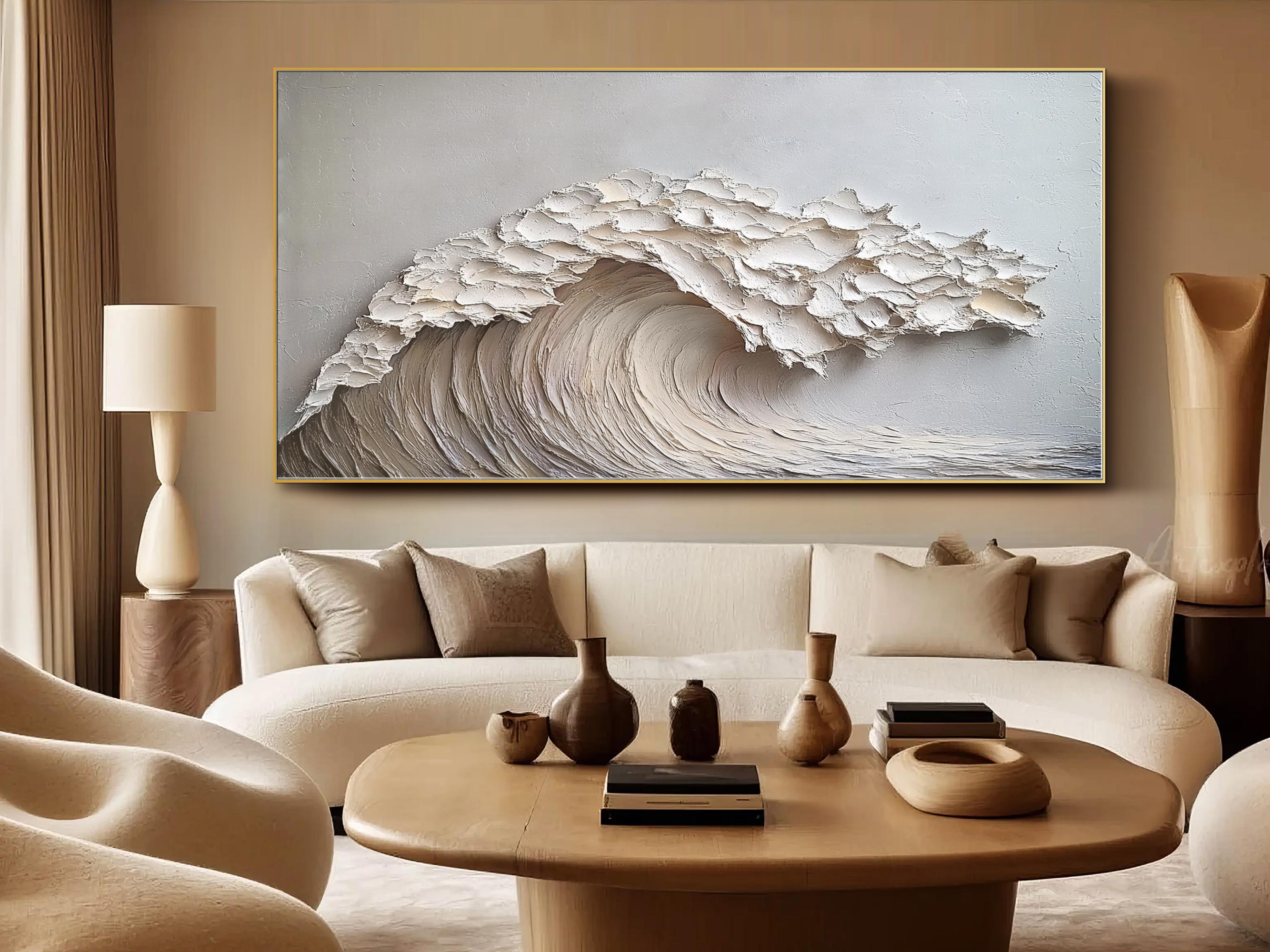 Snow Tide – Hand-Painted Minimalist White Ocean Wave 3D Plaster Relief Texture Painting | Coastal Modern Living Room & Bedroom Art