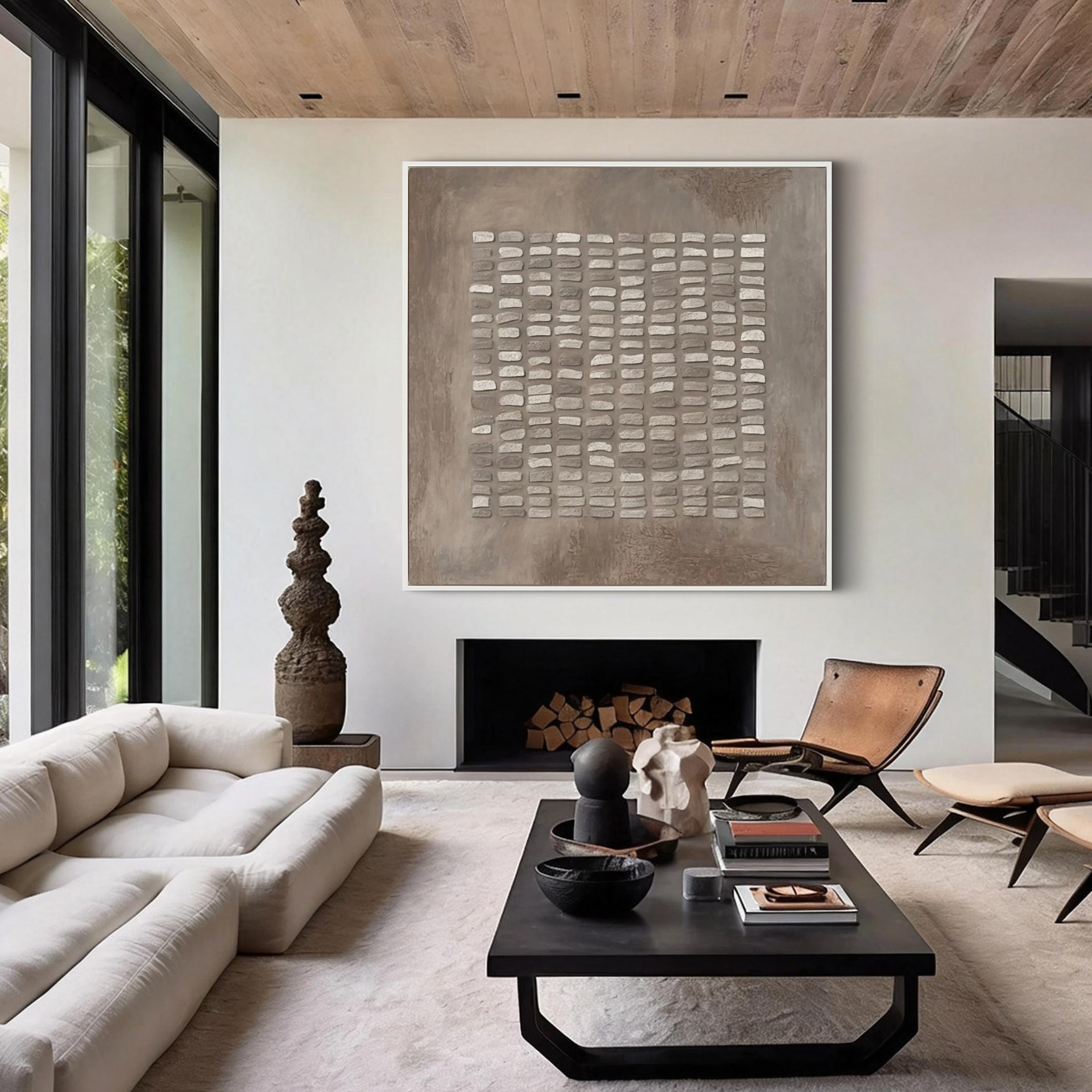 Zen Lattice – Plaster Grid Relief Abstract Wabi-Sabi Painting | Japandi Wabi-Sabi Living Room & Bedroom Art
