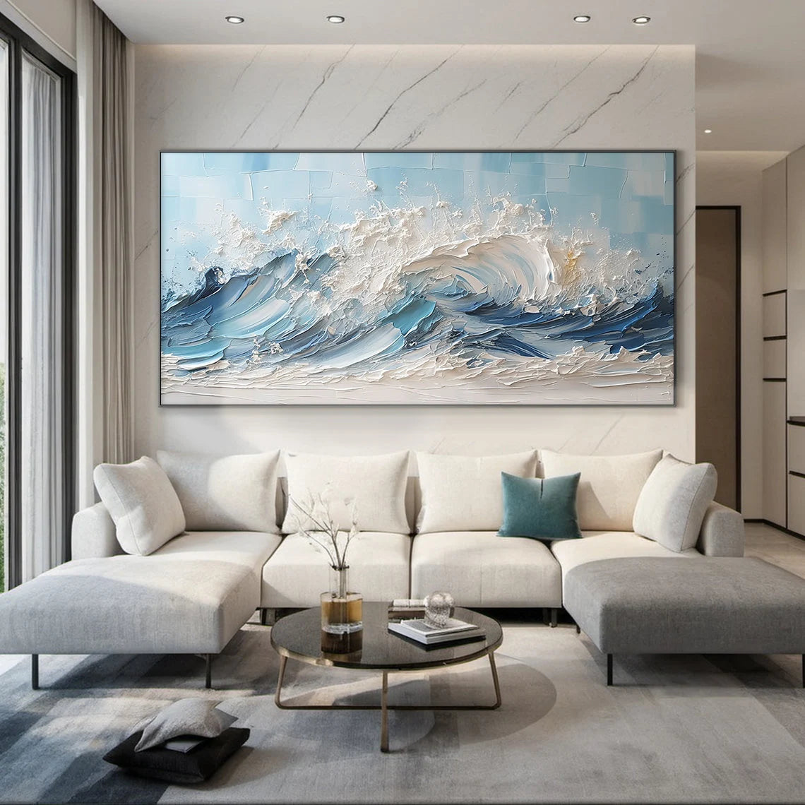 Azure Rage – Hand-Painted Deep Blue Ocean Wave 3D Plaster Effect Seascape Painting | Coastal Modern Living Room & Bedroom Art