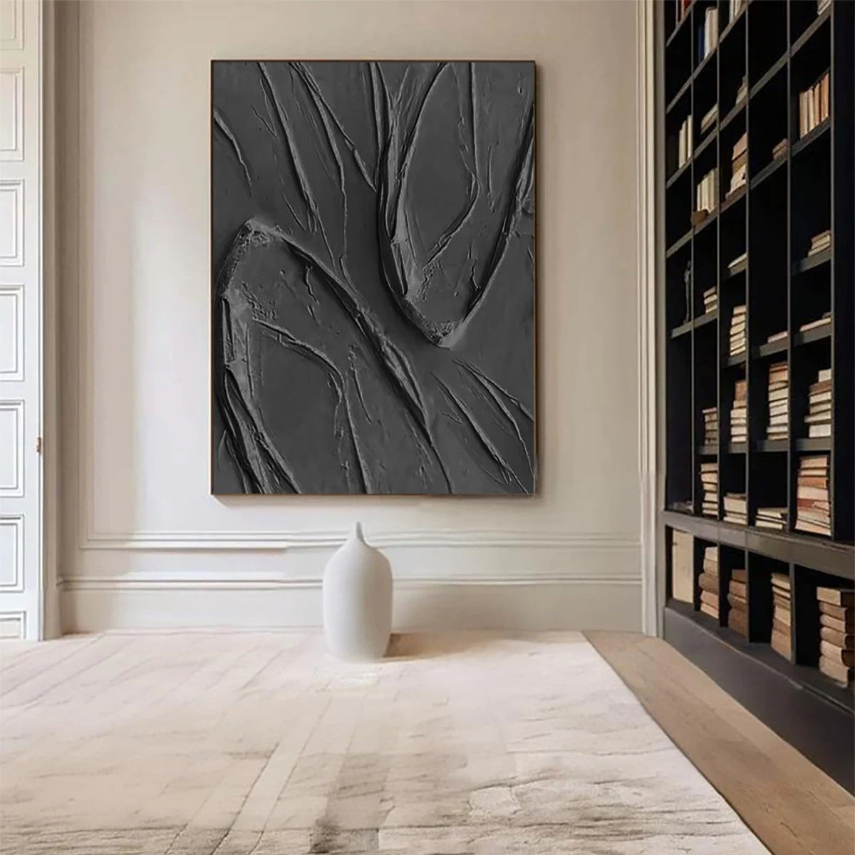 ONYX RIPPLE: Texture Wall Art, Hand-Painted All-Black Minimalist 3D Impasto Palette Knife Heavy Texture Gallery Art