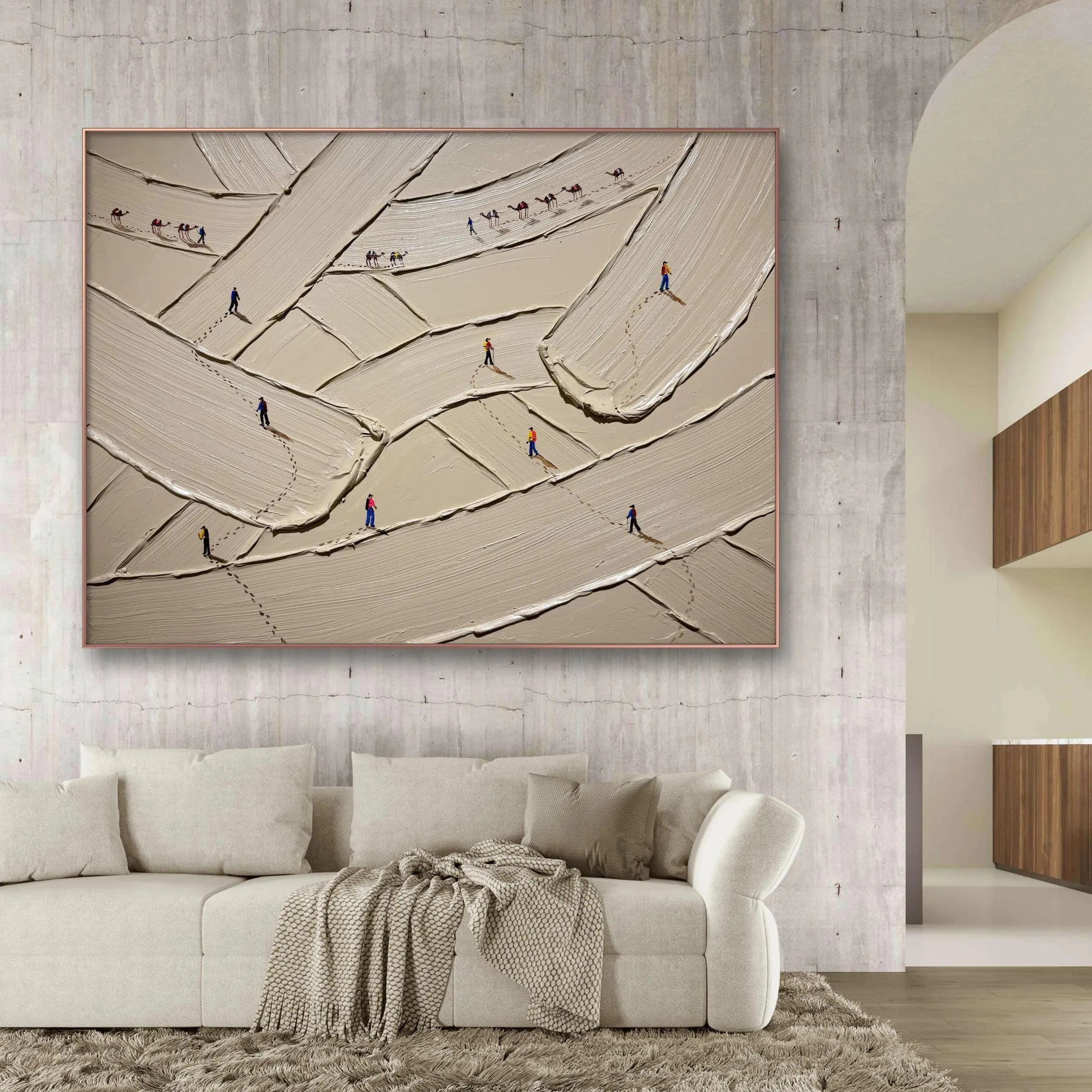 URBAN PATHWAYS: Texture Wall Art, Hand-Painted Horizontal Oatmeal Wide Brushstroke Plaster Relief 3D Heavy Texture Gallery Art