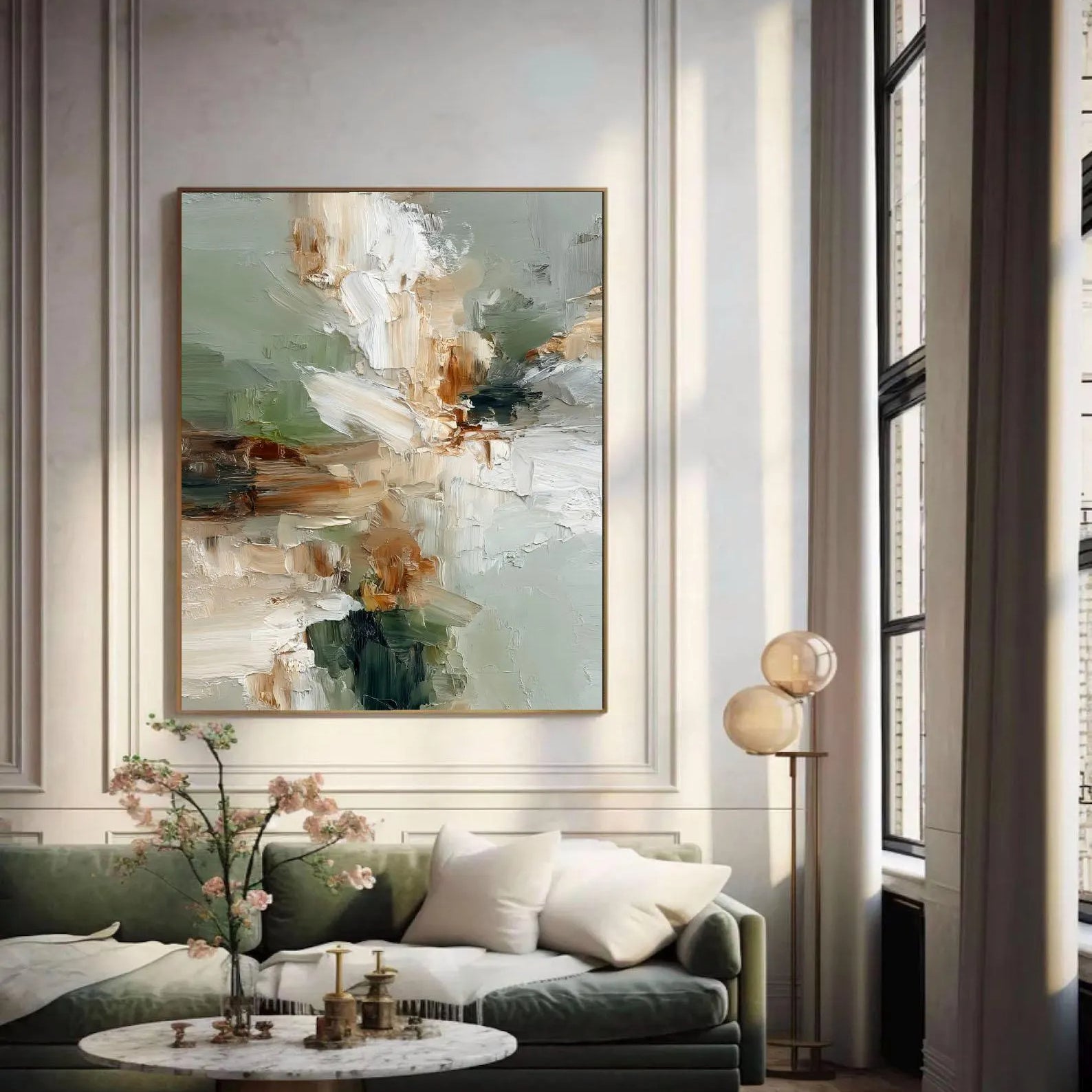 SAGE BLOSSOM: Abstract Wall Art, Hand-Painted Morandi Green and White Palette Knife 3D Impasto Textured Studio Art