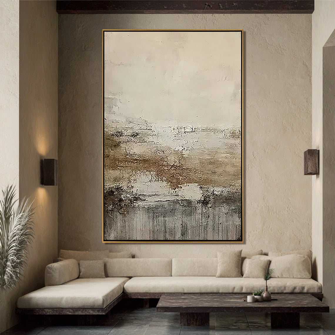 Earthen Mist – Hand-Painted Distressed Brown and Beige Plaster Effect Abstract Painting | Japandi Organic Wabi-Sabi Living Room & Hallway Art