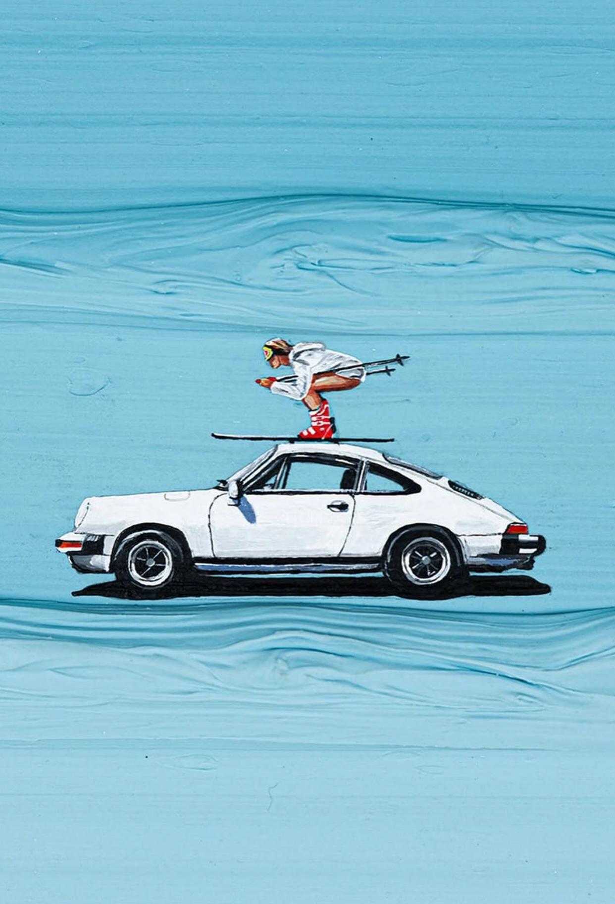 Surf Rider – Hand-Painted Creative White Car on Blue Ocean Wave Palette Knife Sport Painting | Coastal Modern Living Room & Bedroom Art