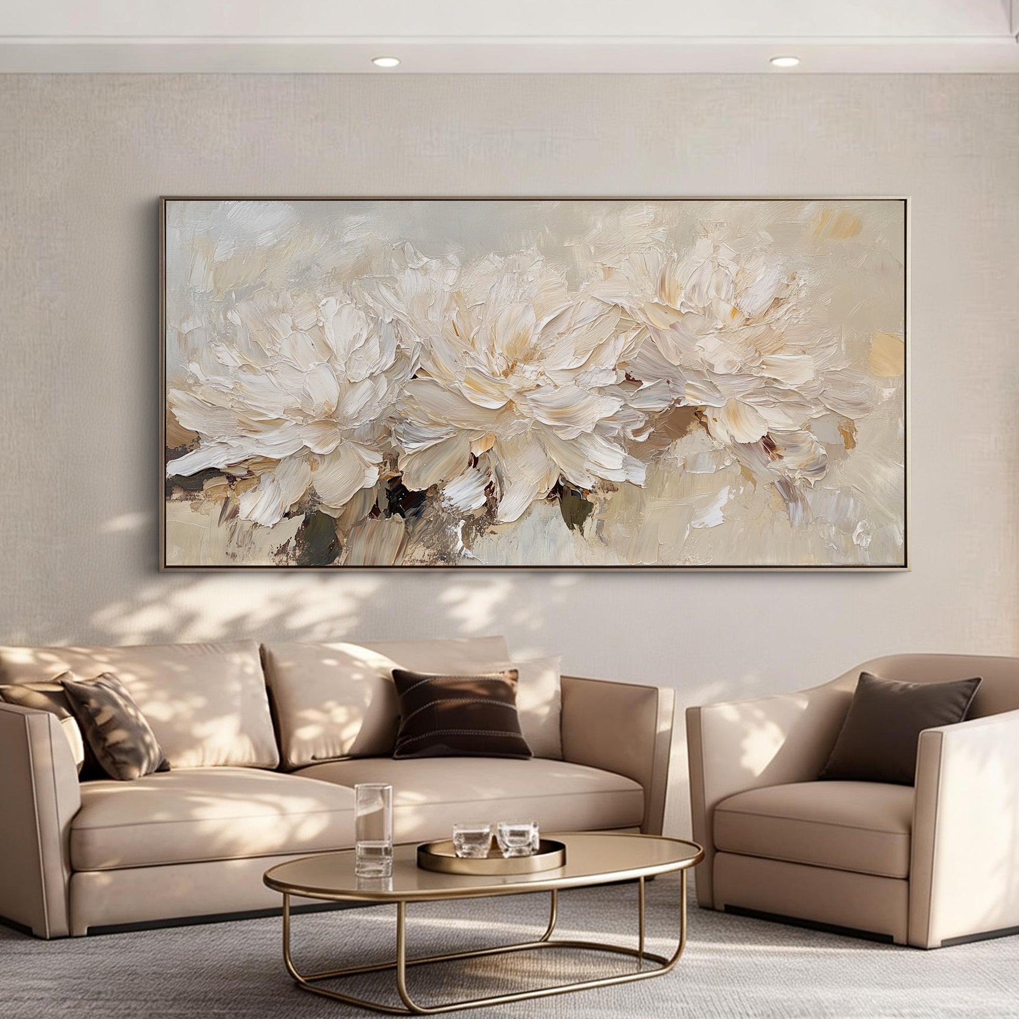 VANILLA PEONY: Panoramic 3D Heavy Texture Floral Wall Art, Creamy Relief Palette Knife Painting