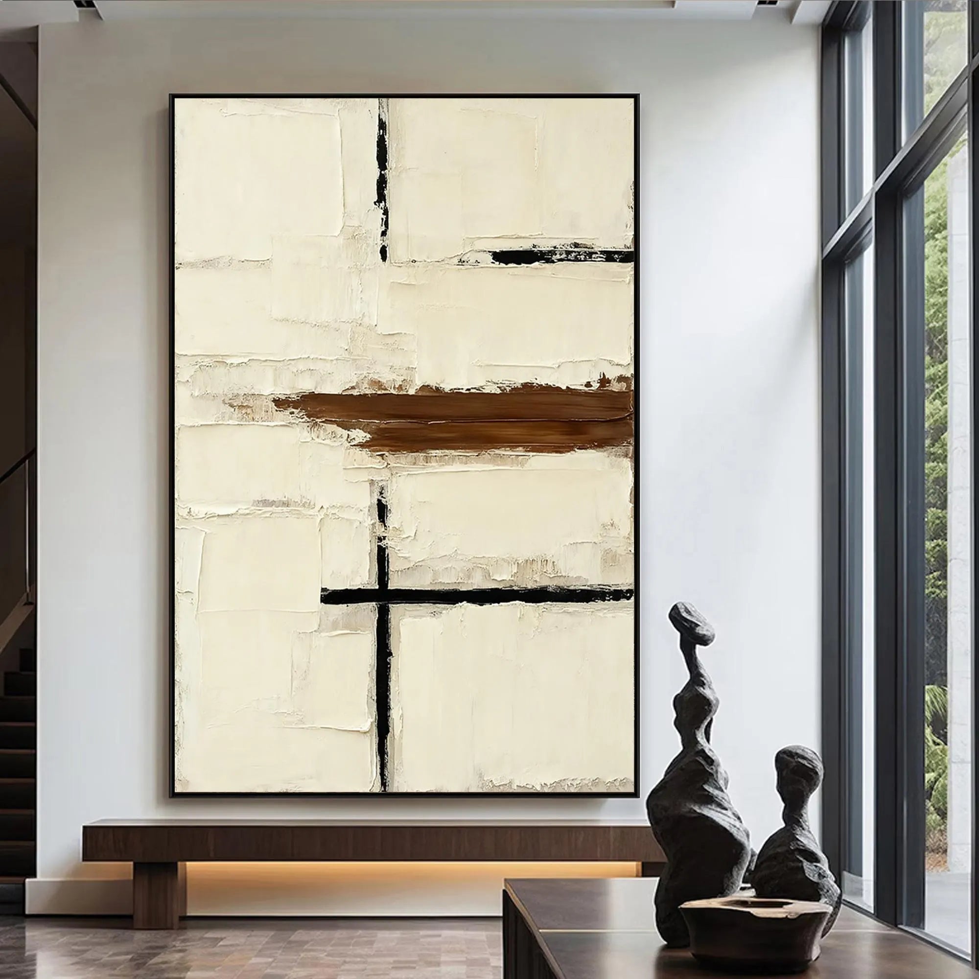 Modern Structure – Creamy White & Espresso Relief Minimalist Painting | Modern Minimalist Bedroom & Home Office Art