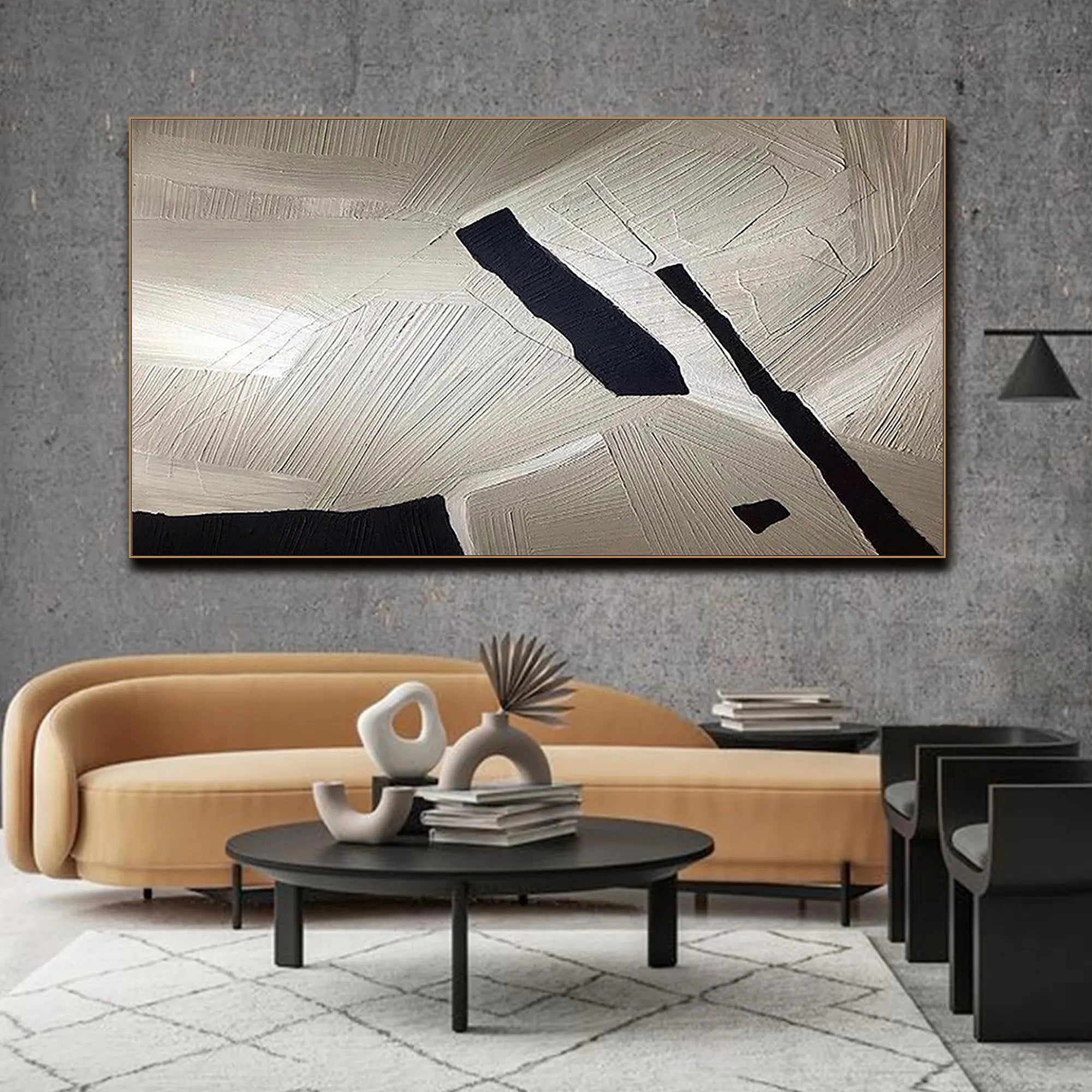 URBAN STRUCTURE: Panoramic 3D Heavy Texture Abstract Wall Art, Modern Black & Sand Plaster Relief