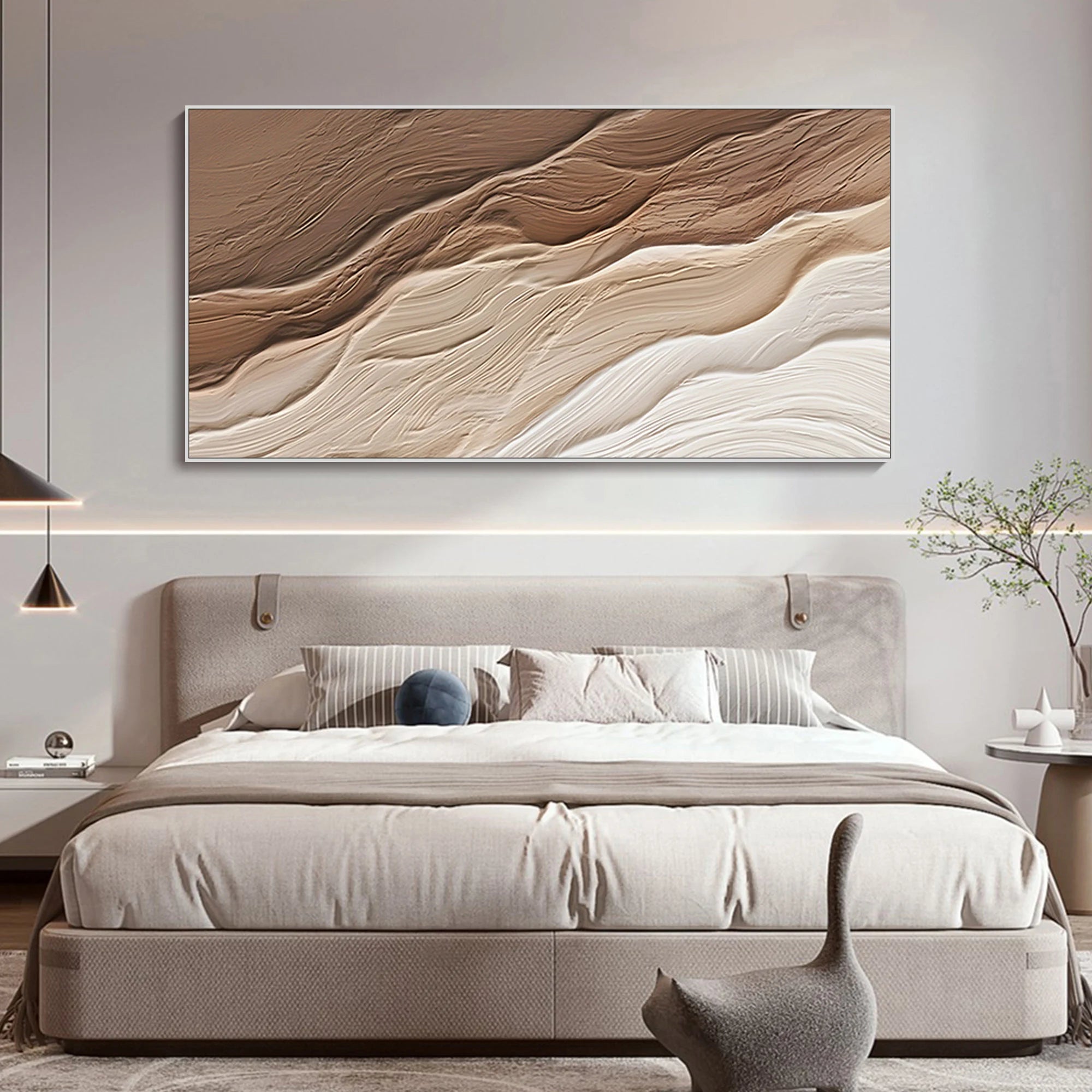 Sedimentary Flow – Hand-Painted Chocolate and Oat Linear Plaster Relief Texture Painting | Contemporary Plaster Texture Living Room & Office Art