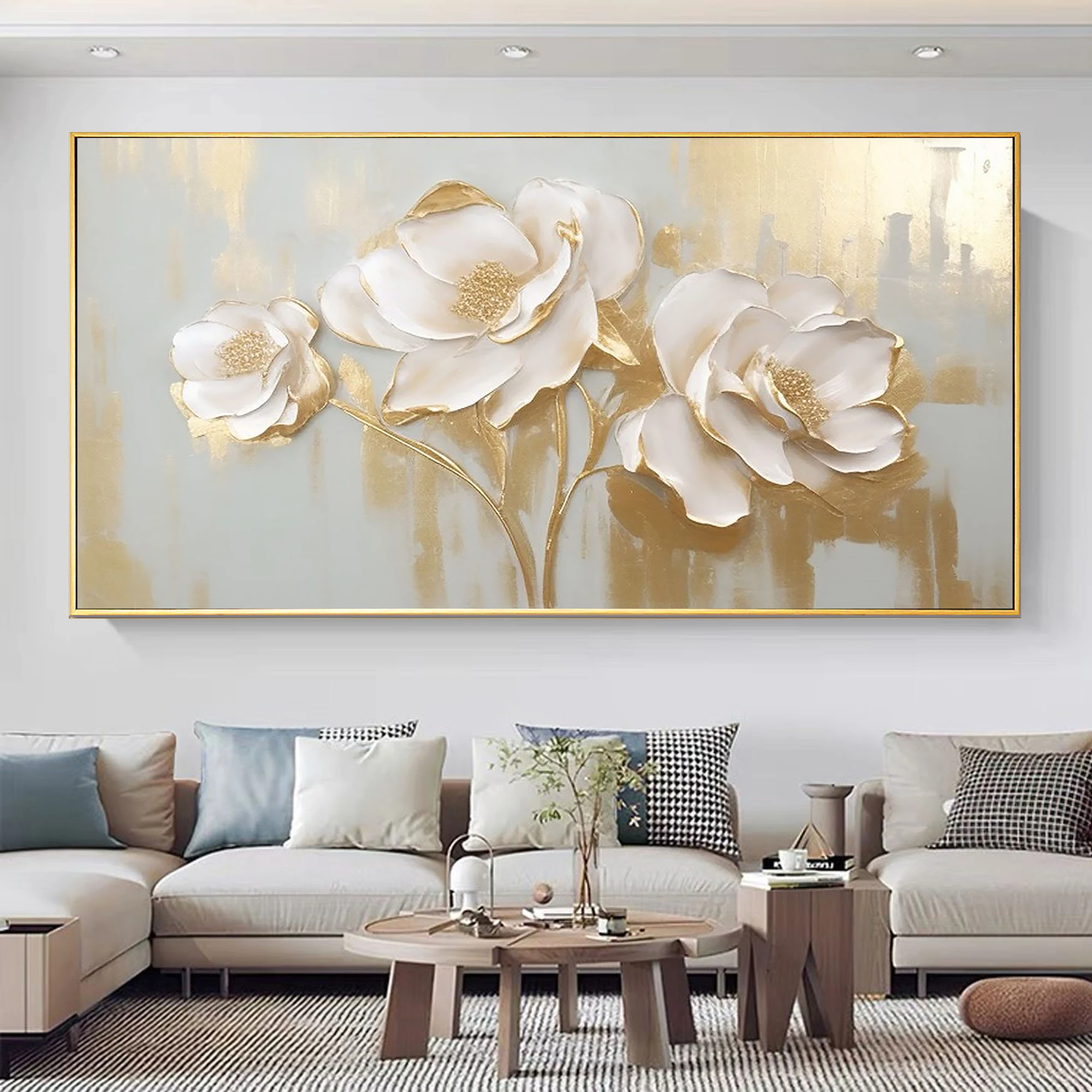 Golden Elegance – Hand-Painted Light Grey and Gold Foil 3D Relief Plaster Effect Floral Painting | Modern Luxury Botanical Bedroom & Living Room Art