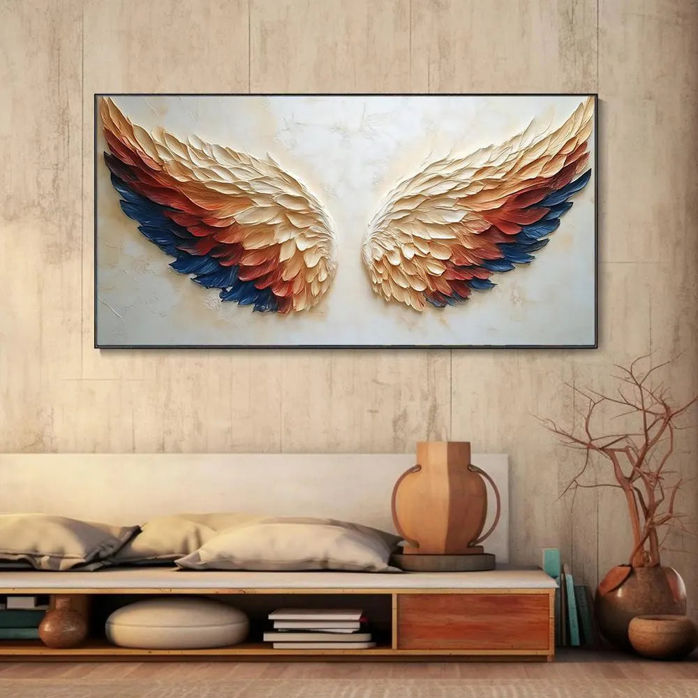 CELESTIAL WINGS: Texture Wall Art, Hand-Painted Navy Blue and Terracotta Angel Wings 3D Relief Plaster Studio Art