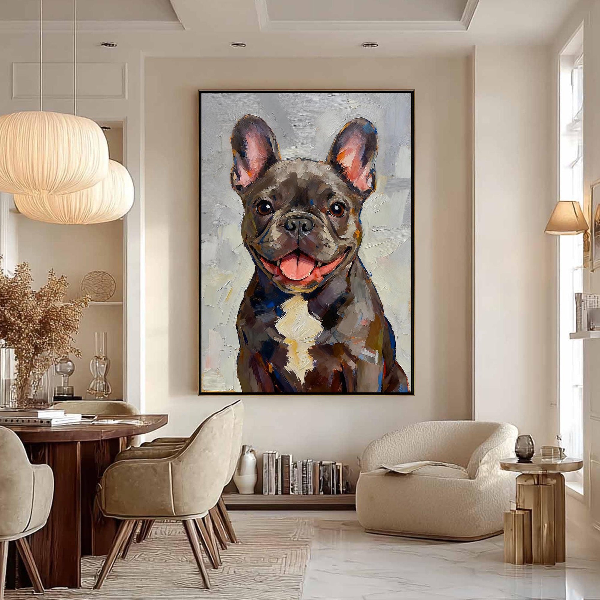 The Joyful Frenchie – Modern Impasto French Bulldog Texture Painting | Vibrant Living Room Art