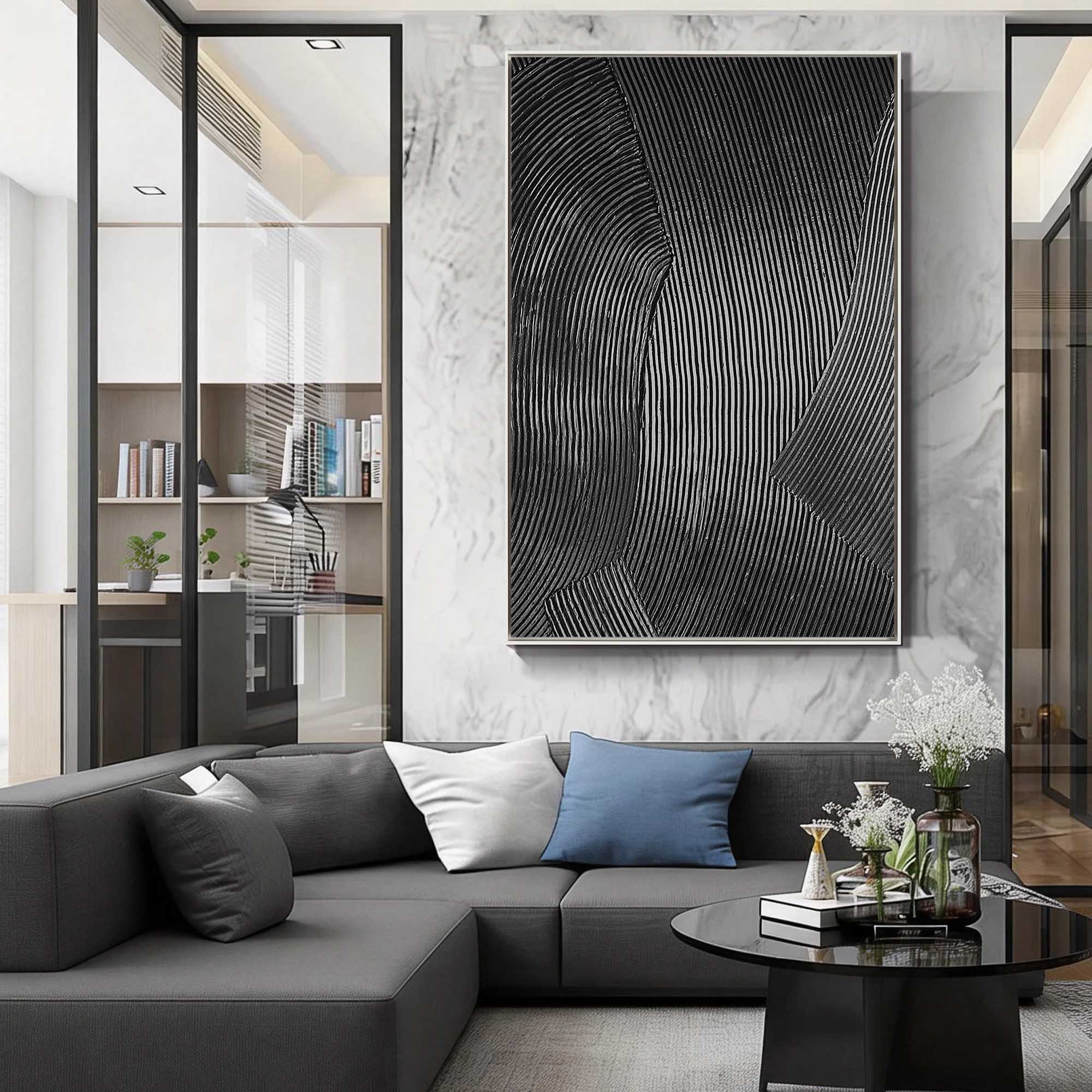GRAVITY LINE: Texture Wall Art, Hand-Painted Black Linear Plaster Relief 3D Heavy Texture Canvas Art