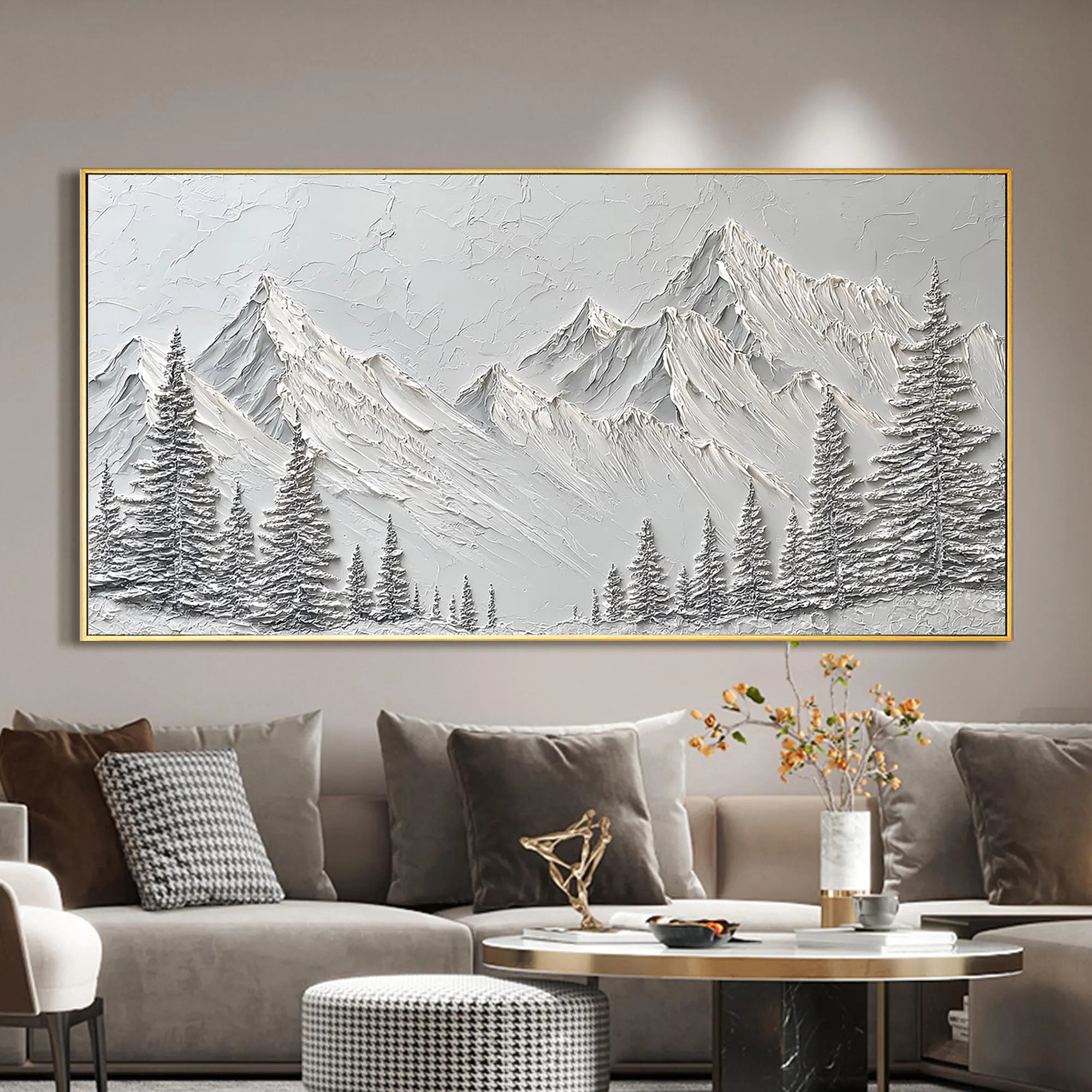 SNOW PEAK: Panoramic 3D Heavy Texture Mountain Wall Art, Modern White Pine & Peak Relief