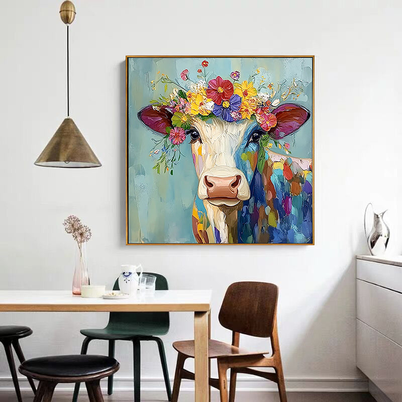 Floral Heifer – Vibrant Expressionist Cow with Floral Crown Painting | Modern Farmhouse Hallway Art
