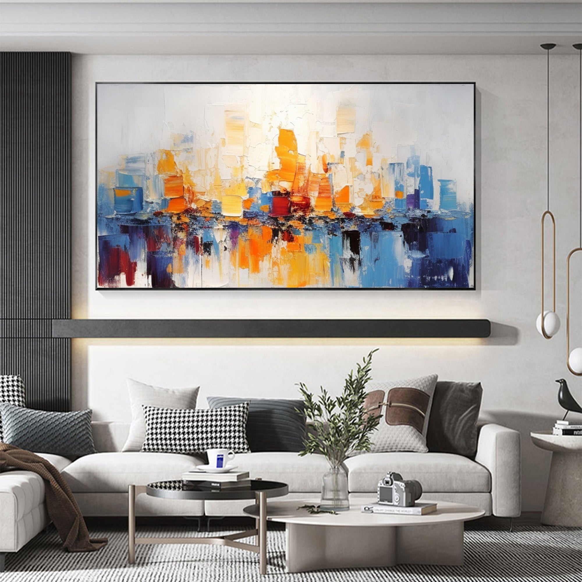 Urban Silhouette – Hand-Painted Yellow and Blue Cityscape Abstract Texture Painting | Modern Abstract Living Room & Office Art