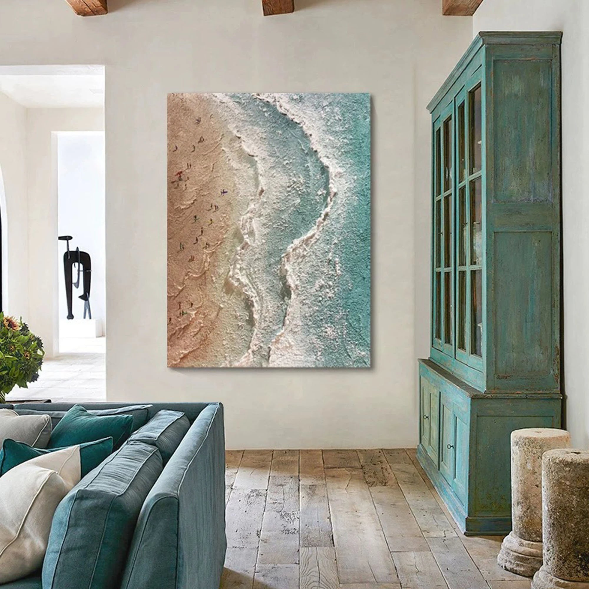 COASTAL RHYTHM: Seascape Wall Art, Hand-Painted Sandy Beach Ocean Wave Relief Textured Gallery Art