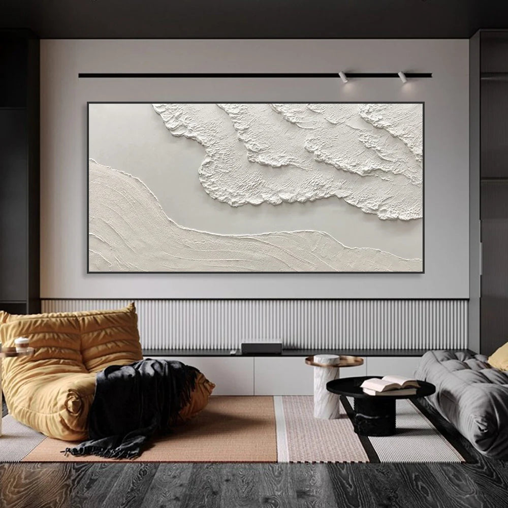 WHITE CLIFF: Texture Wall Art, Hand-Painted Horizontal Minimalist White Plaster Effect Relief 3D Textured Studio Art