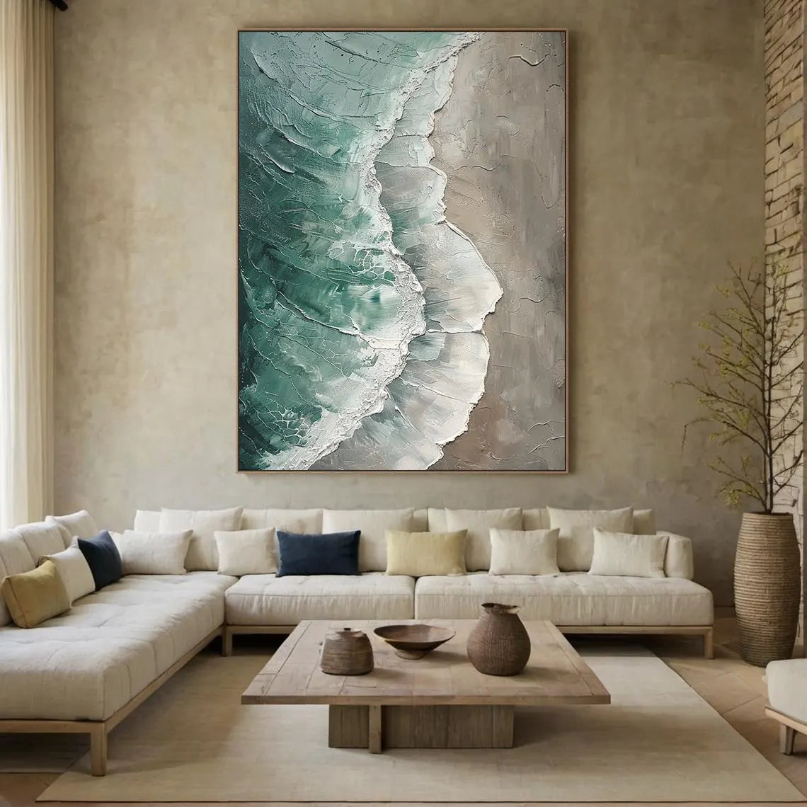 Ethereal Tide – Modern Textured Painting | Creative Wabi-Sabi Teal Ocean Wave Entryway Art